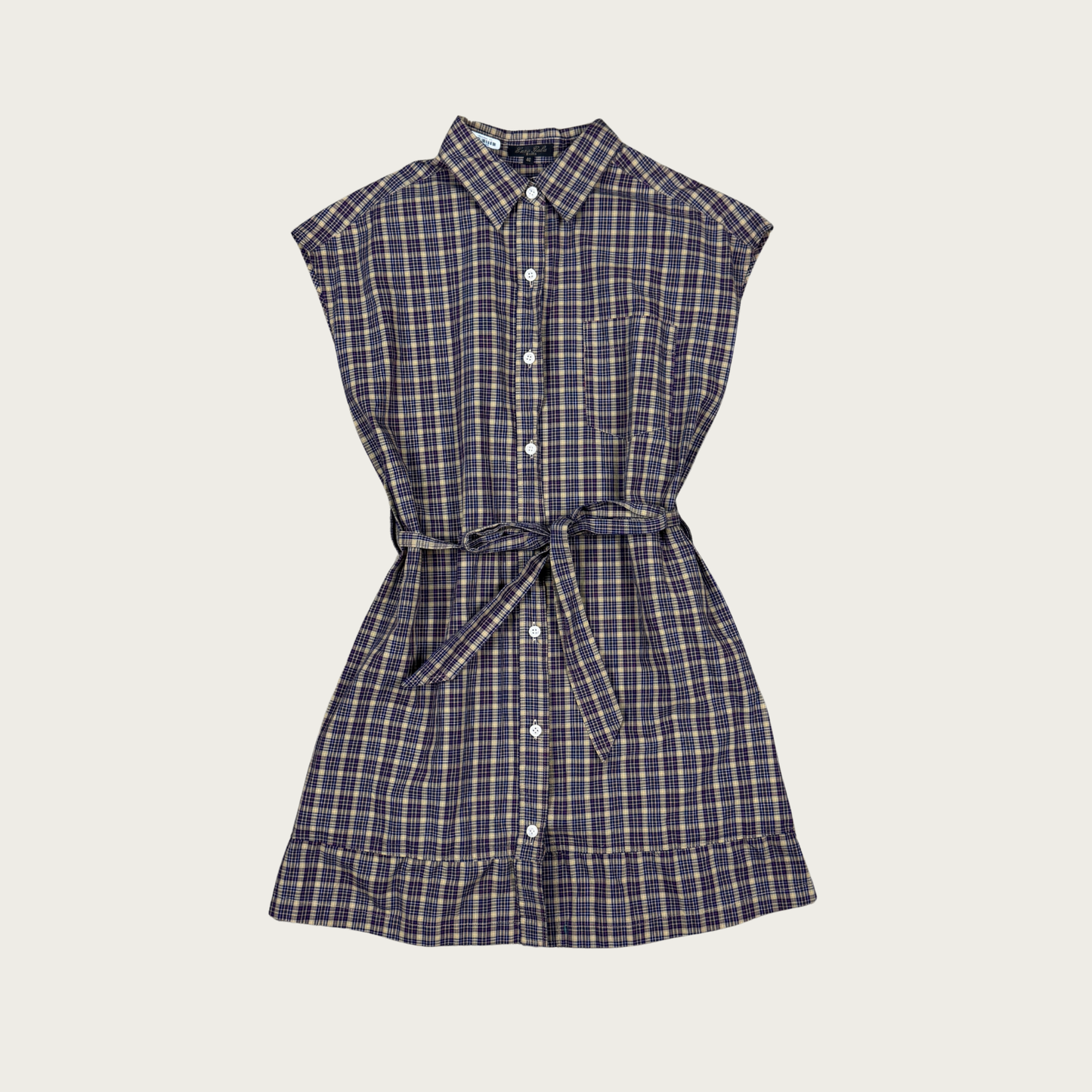 (S/M) Custom Reworked Vintage Tan/Navy Plaid Mini Dress