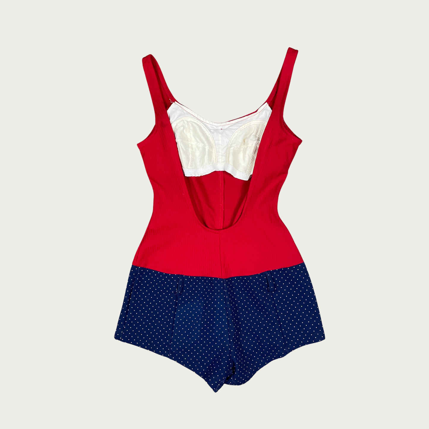 (M) Vintage One Piece Red and Navy Polka Dot Swimsuit