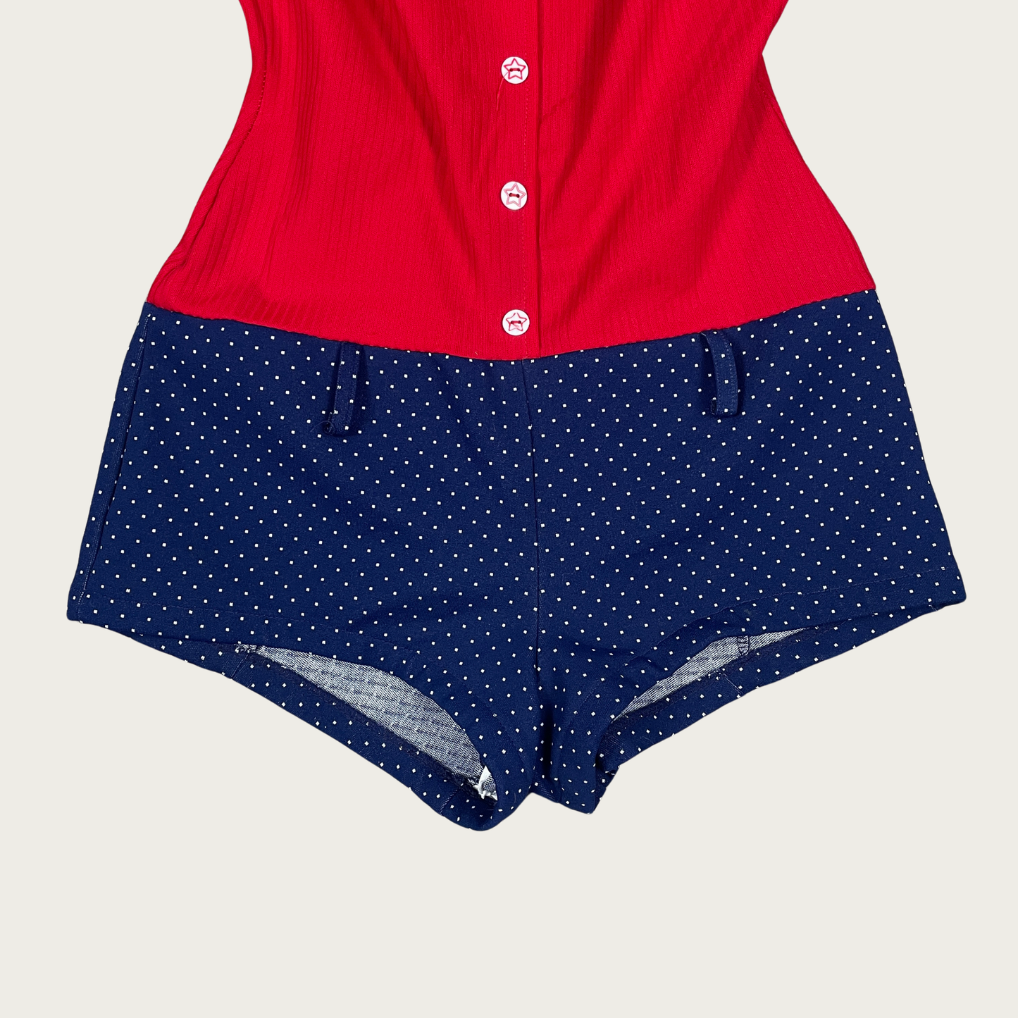 (M) Vintage One Piece Red and Navy Polka Dot Swimsuit