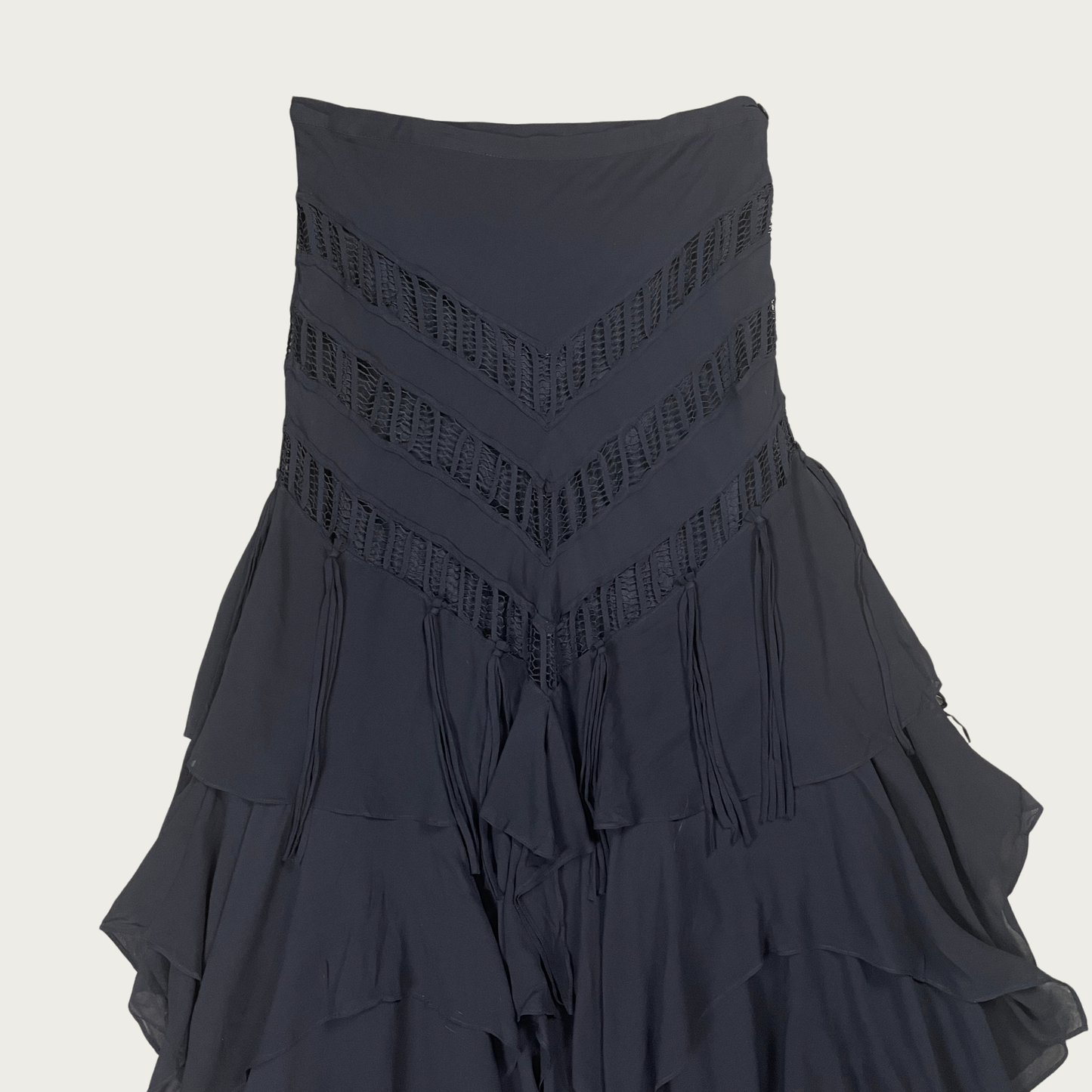 (S/M) Black Silk Handkerchief Hem Maxi Skirt