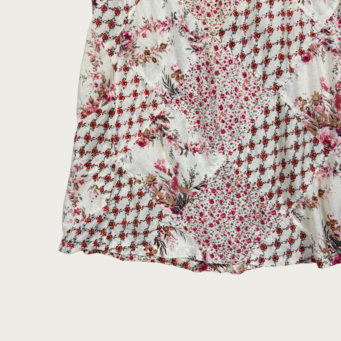 (M) 90s Cream/Pink Floral Patchwork Cotton Maxi Skirt