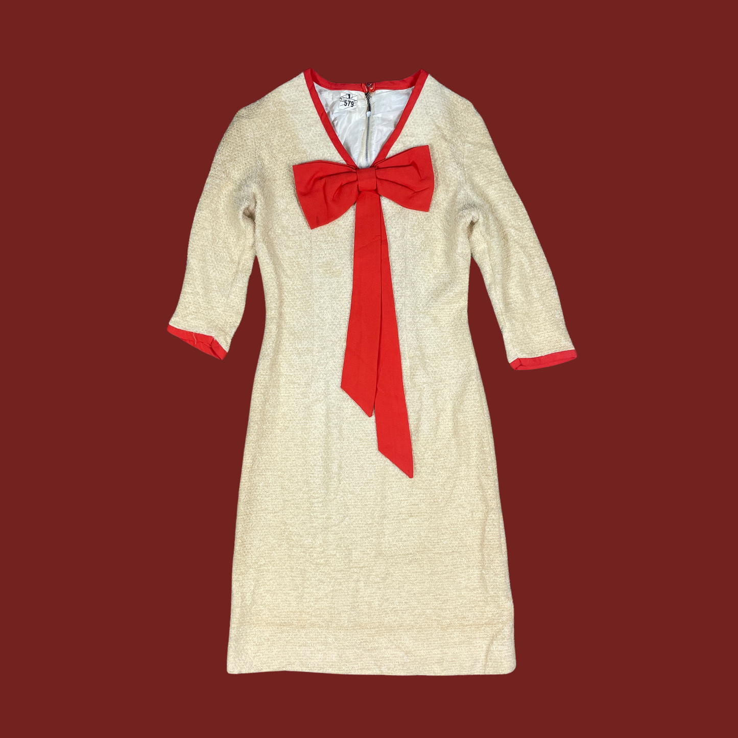(S) Vintage Red Bow Applique Boucle Fabric Cream Dress