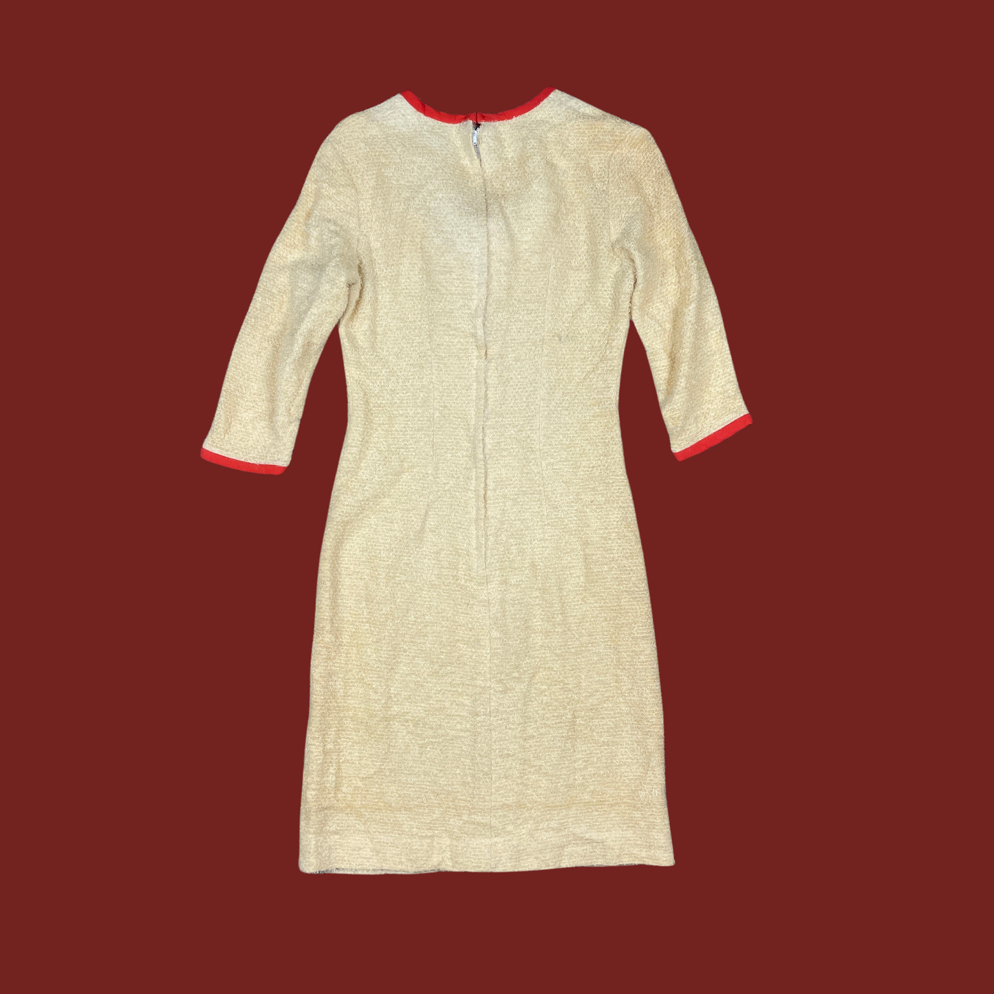 (S) Vintage Red Bow Applique Boucle Fabric Cream Dress