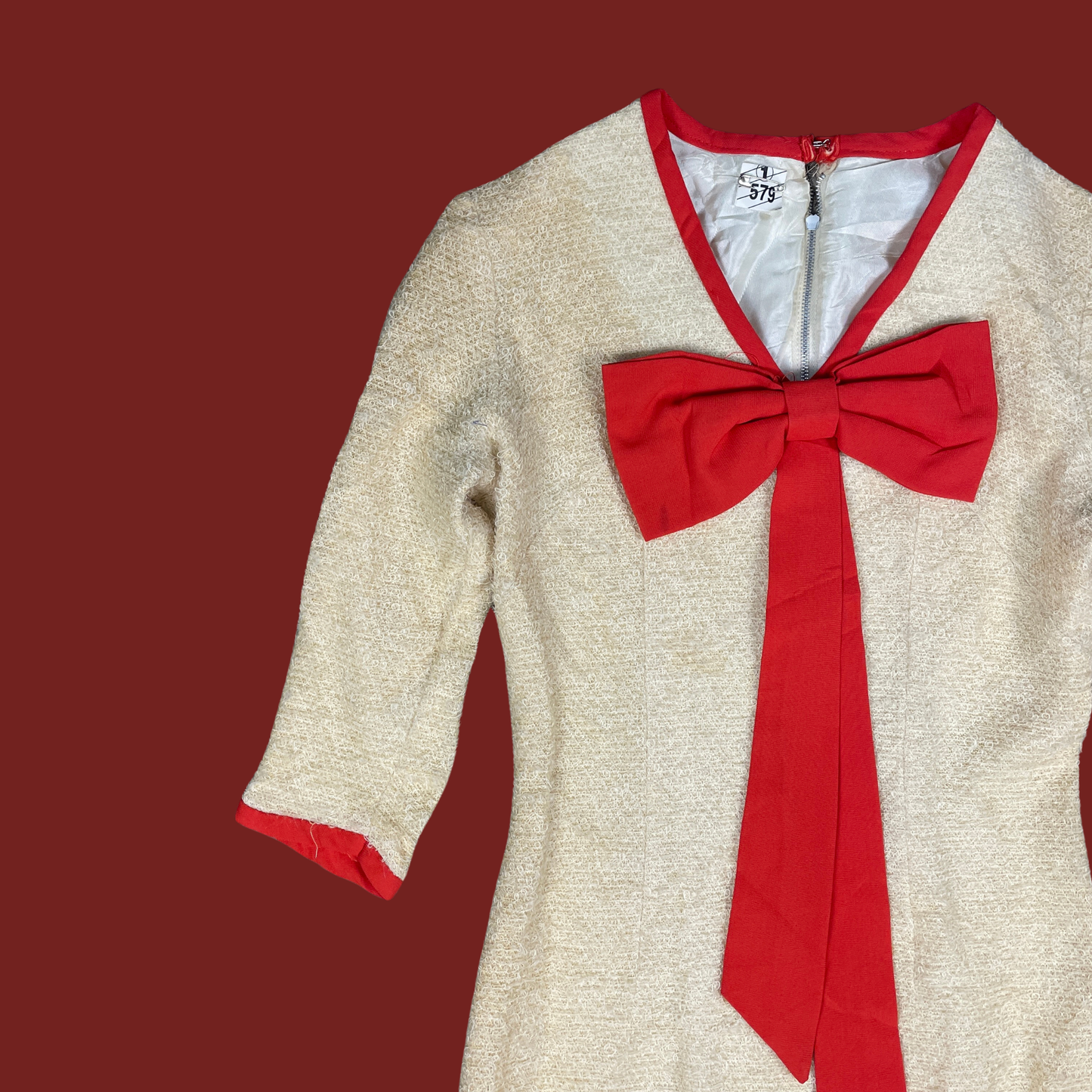 (S) Vintage Red Bow Applique Boucle Fabric Cream Dress