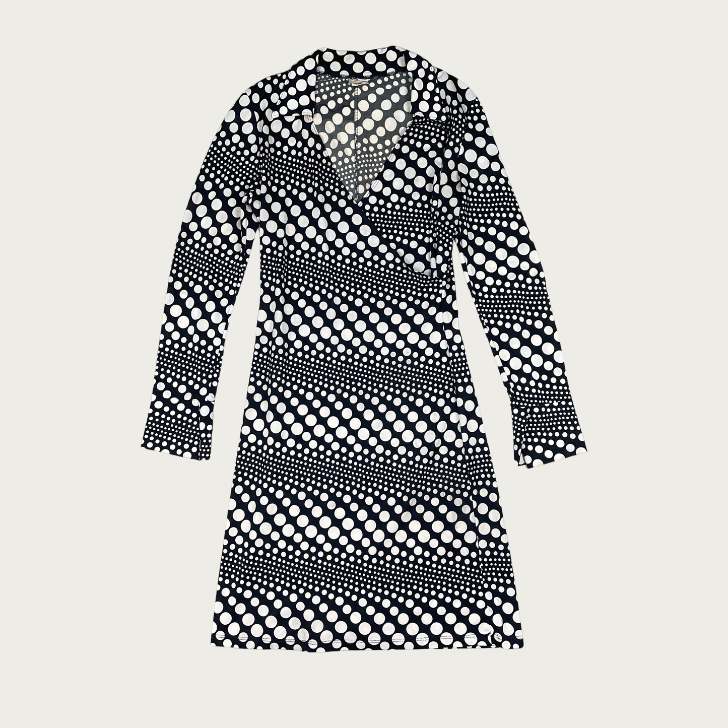 (M) Black and White Polka Dot Surplice Wrap Collared Midi Dress