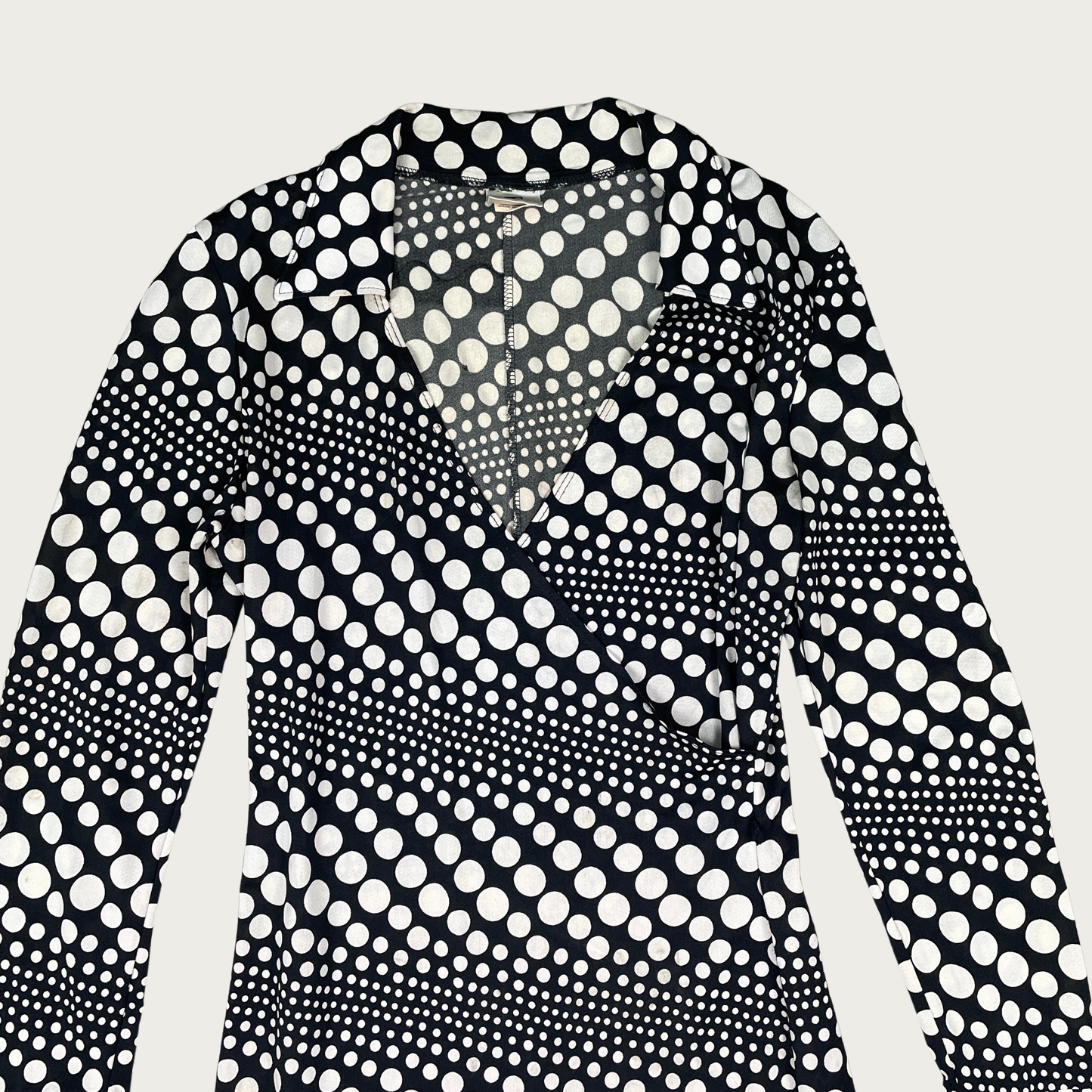 (M) Black and White Polka Dot Surplice Wrap Collared Midi Dress