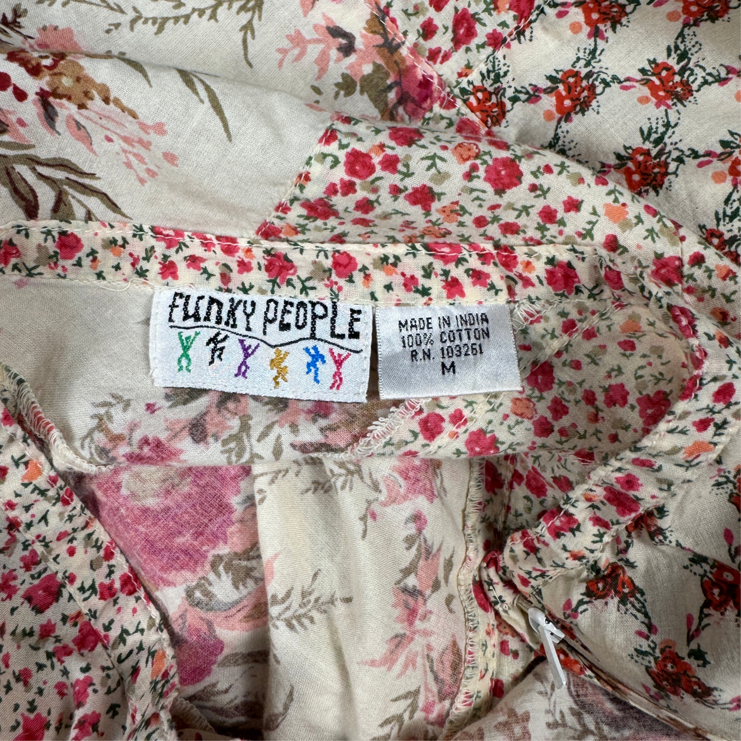 (M) 90s Cream/Pink Floral Patchwork Cotton Maxi Skirt