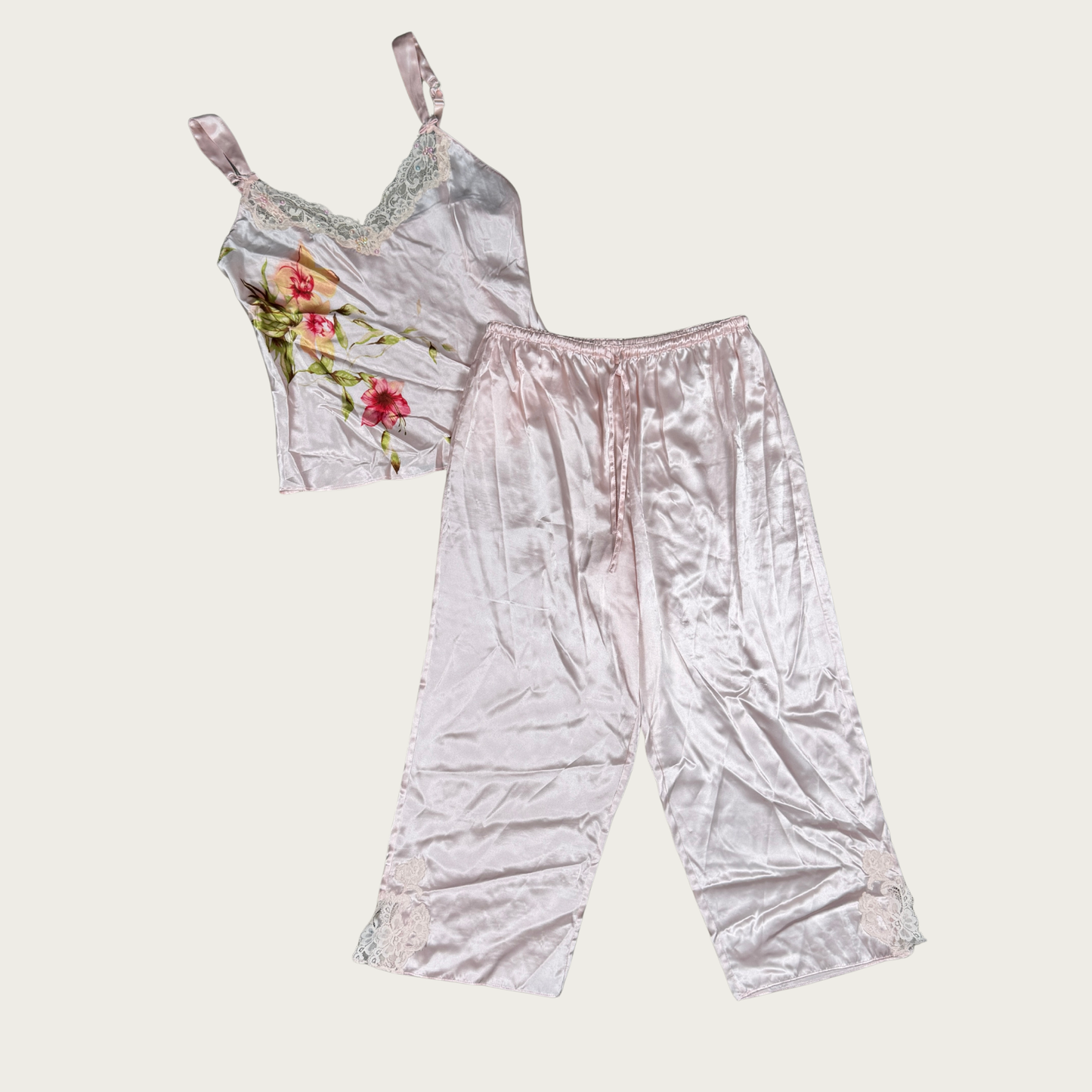 (S) 90s/Y2K Pink Floral Sequin Satin Pajama Set
