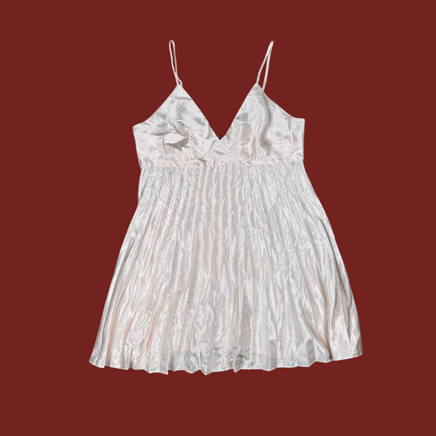 (L/XL) 90s/Y2K Baby Pink Pleated Satin Mini Slip Dress