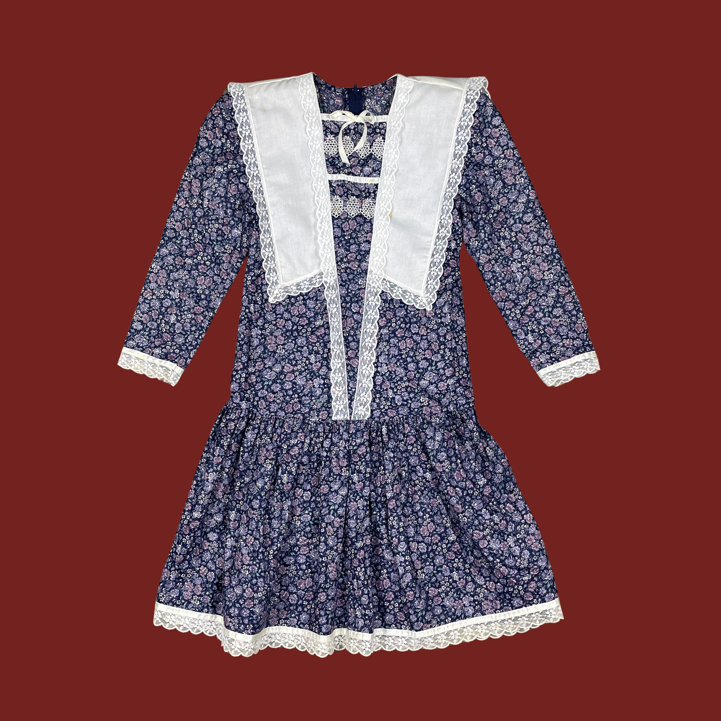 (S) Gunne Sax Navy Blue Floral Drop Waist Collared Dress