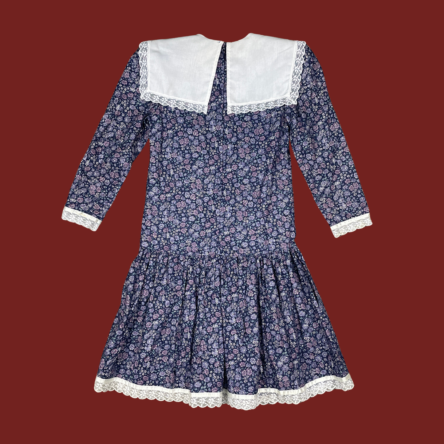 (S) Gunne Sax Navy Blue Floral Drop Waist Collared Dress