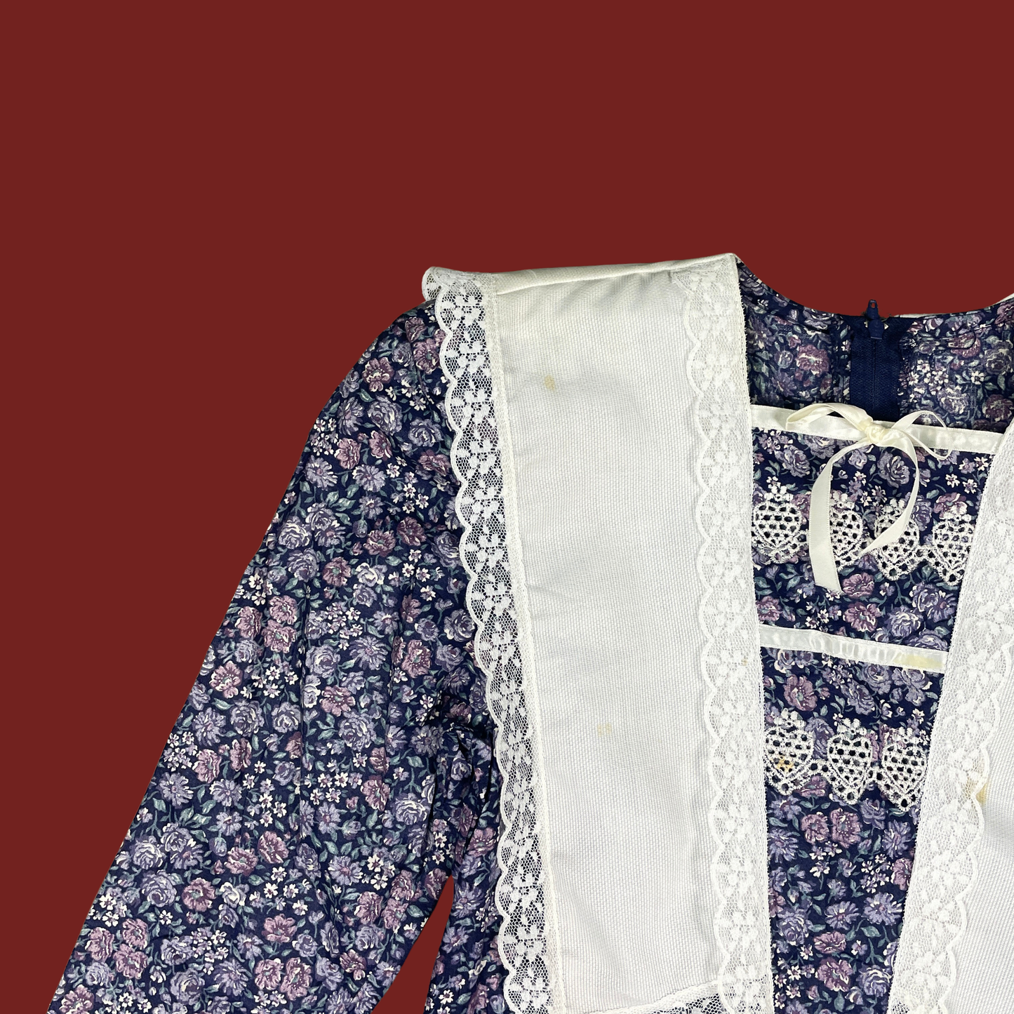 (S) Gunne Sax Navy Blue Floral Drop Waist Collared Dress