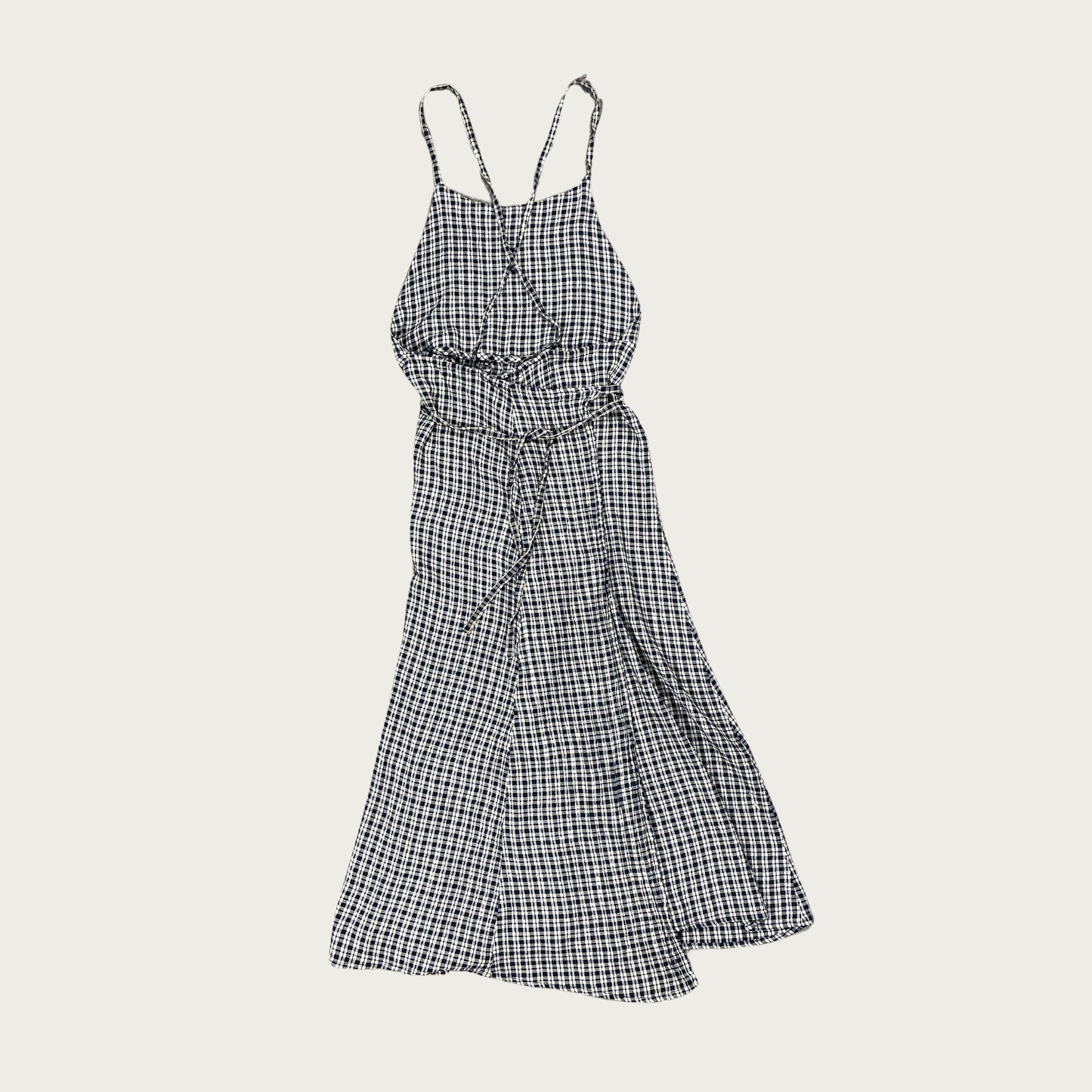 (S) Navy Blue and Cream Plaid Backless Wrap Dress