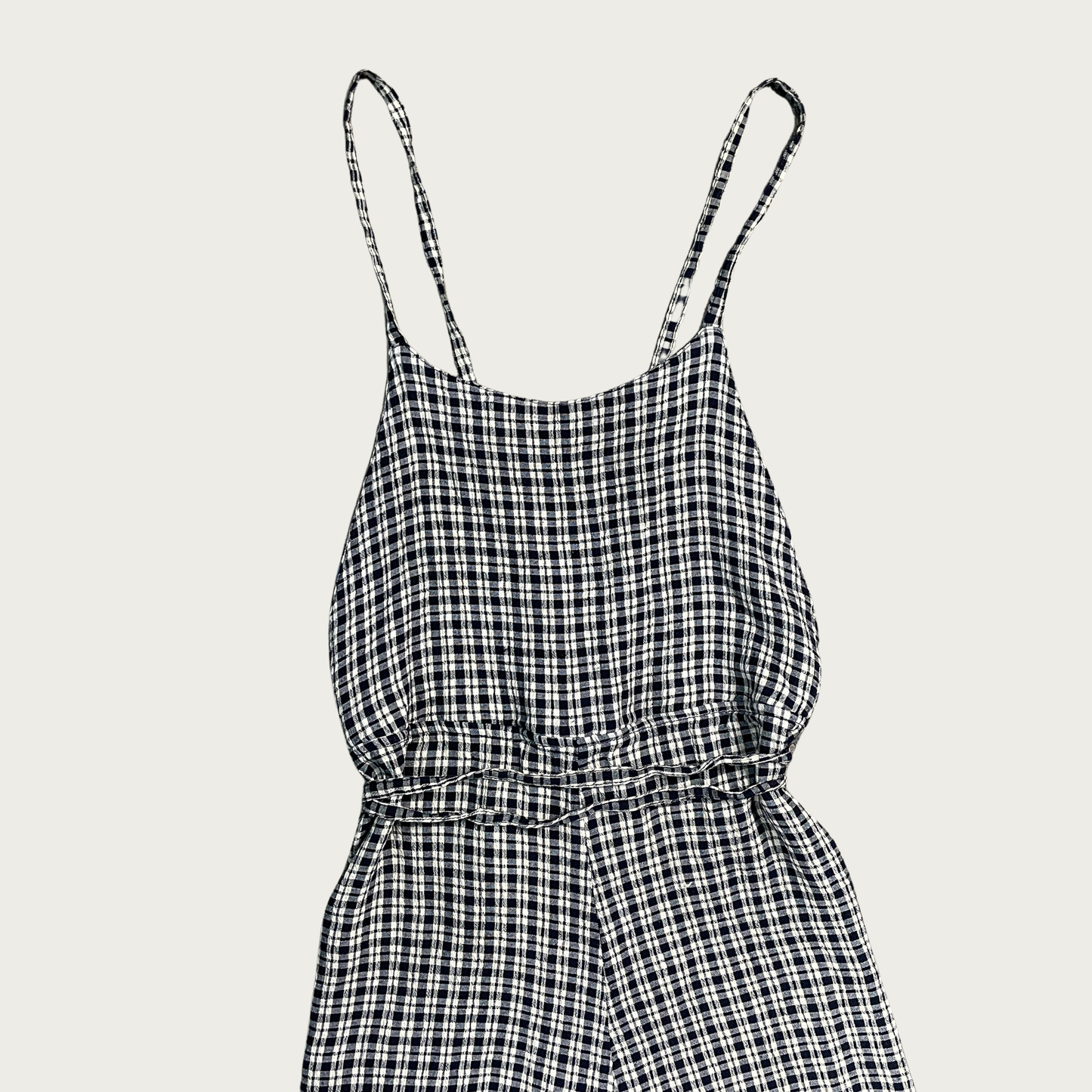 (S) Navy Blue and Cream Plaid Backless Wrap Dress
