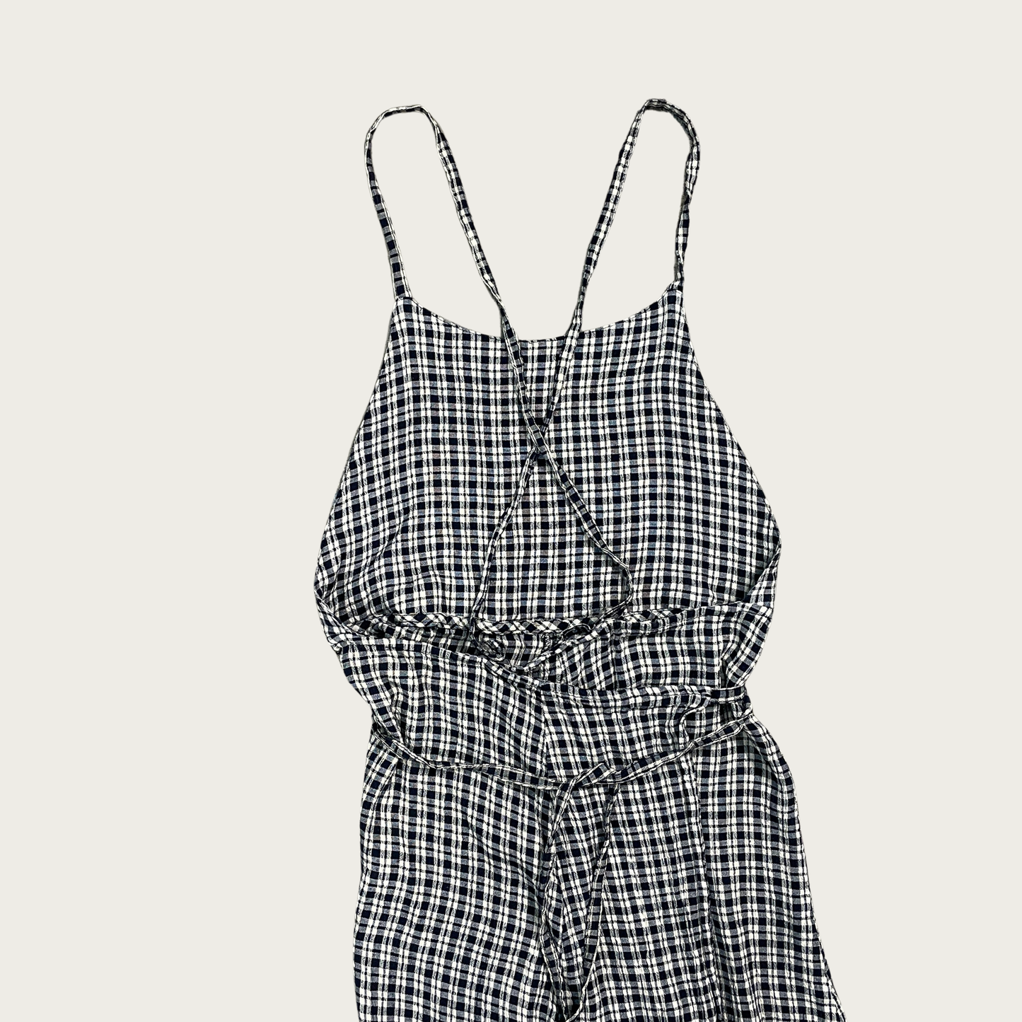 (S) Navy Blue and Cream Plaid Backless Wrap Dress