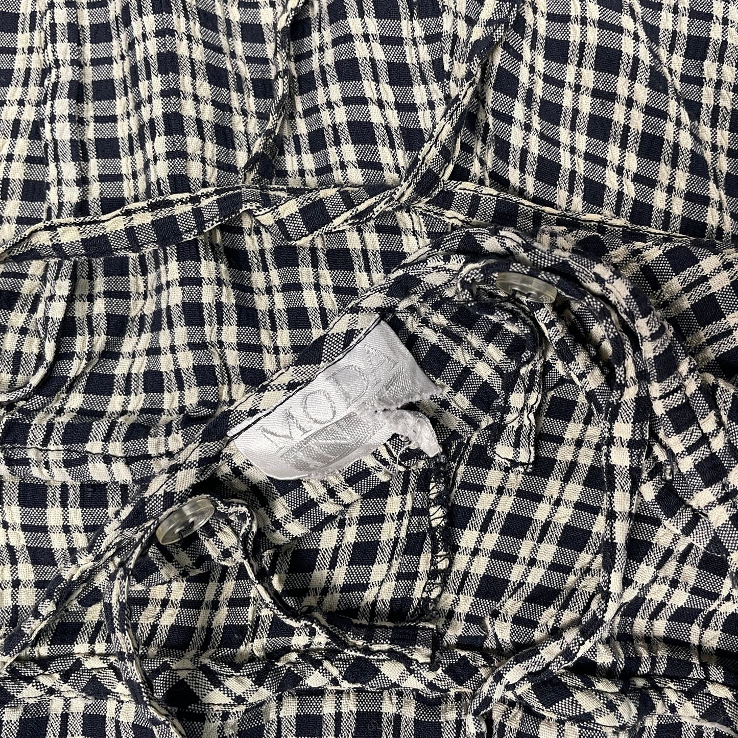 (S) Navy Blue and Cream Plaid Backless Wrap Dress
