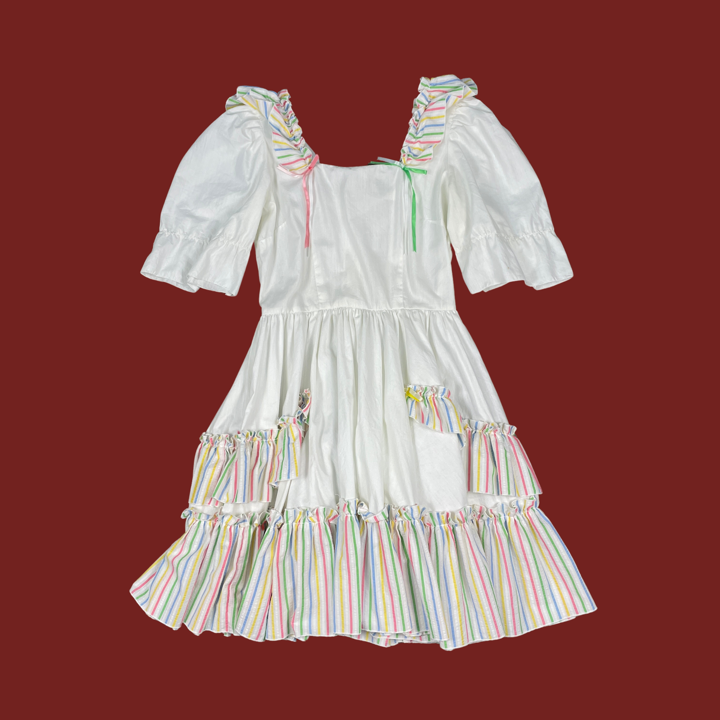 (M) Pastel Rainbow Vintage Square Dancing Ruffle Dress