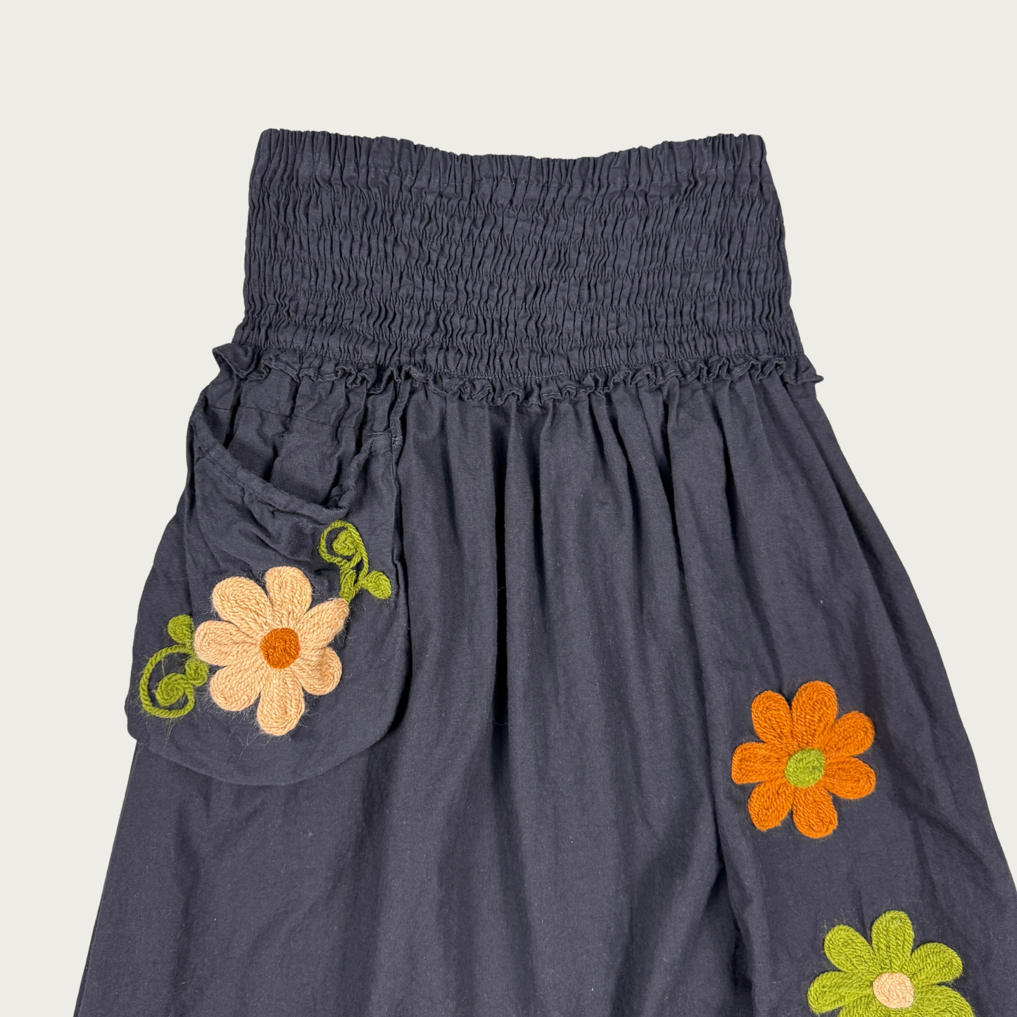 (S) Vintage Black Embroidered Flower Pocket Maxi Skirt