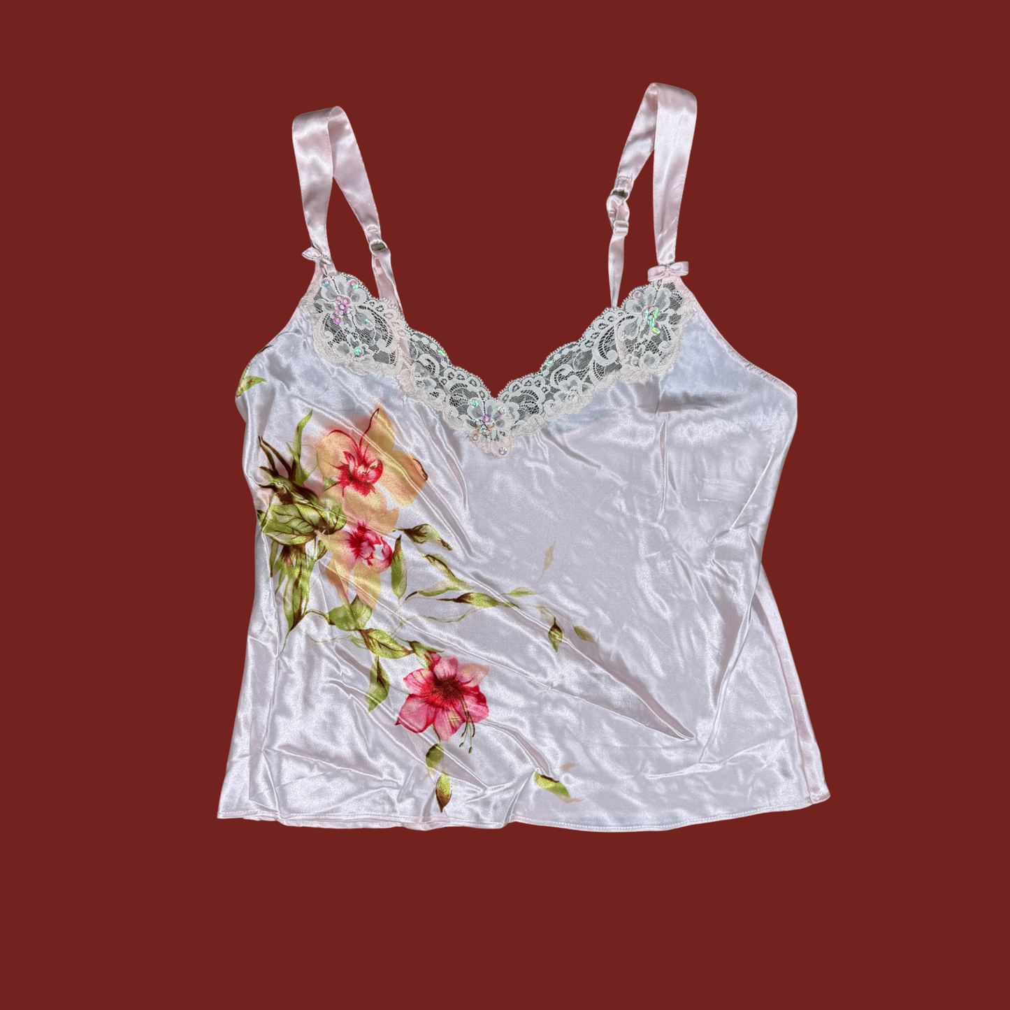 (S) 90s/Y2K Pink Floral Sequin Satin Pajama Set