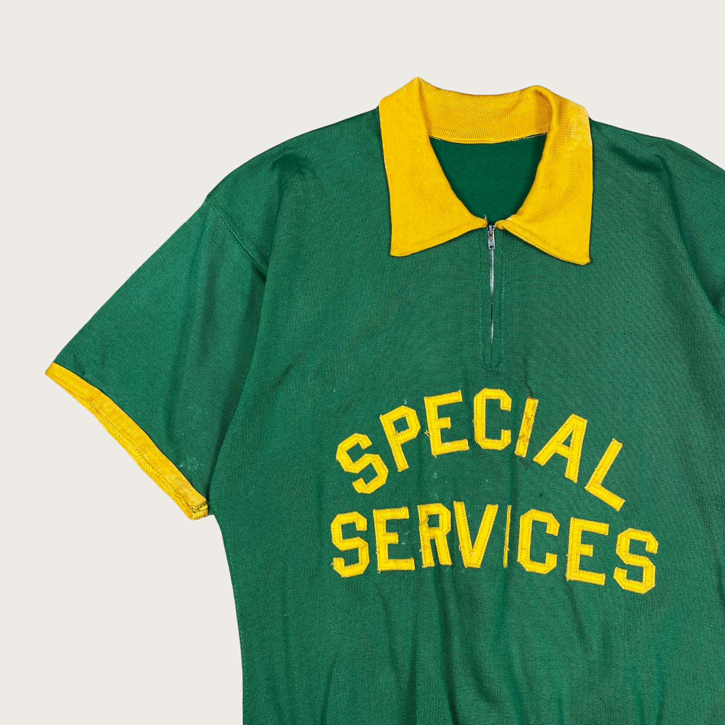 (M) 60s/70s "Special Services" Green and Yellow Zip Polo