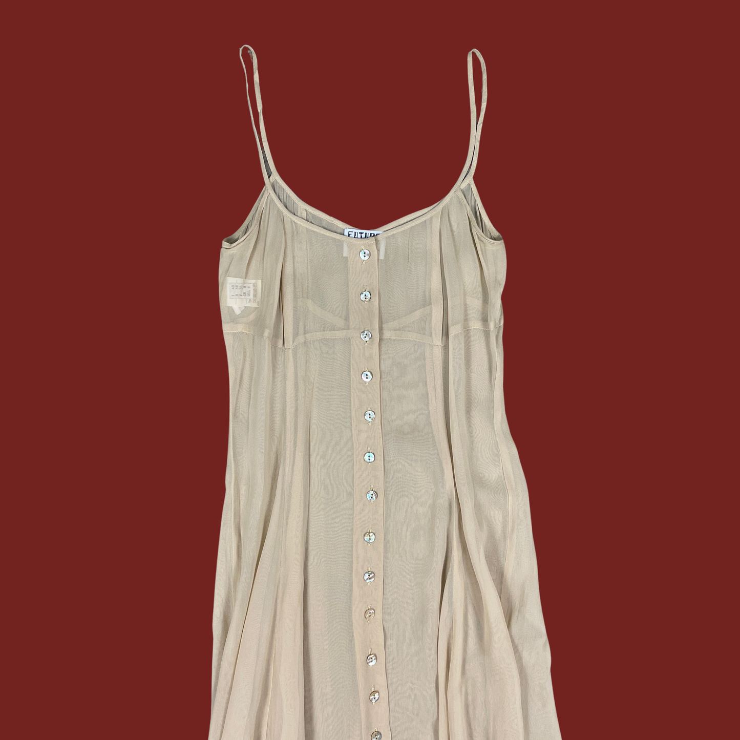 (S) 90s Sheer Tan Future Ozbek Button Front Maxi Dress