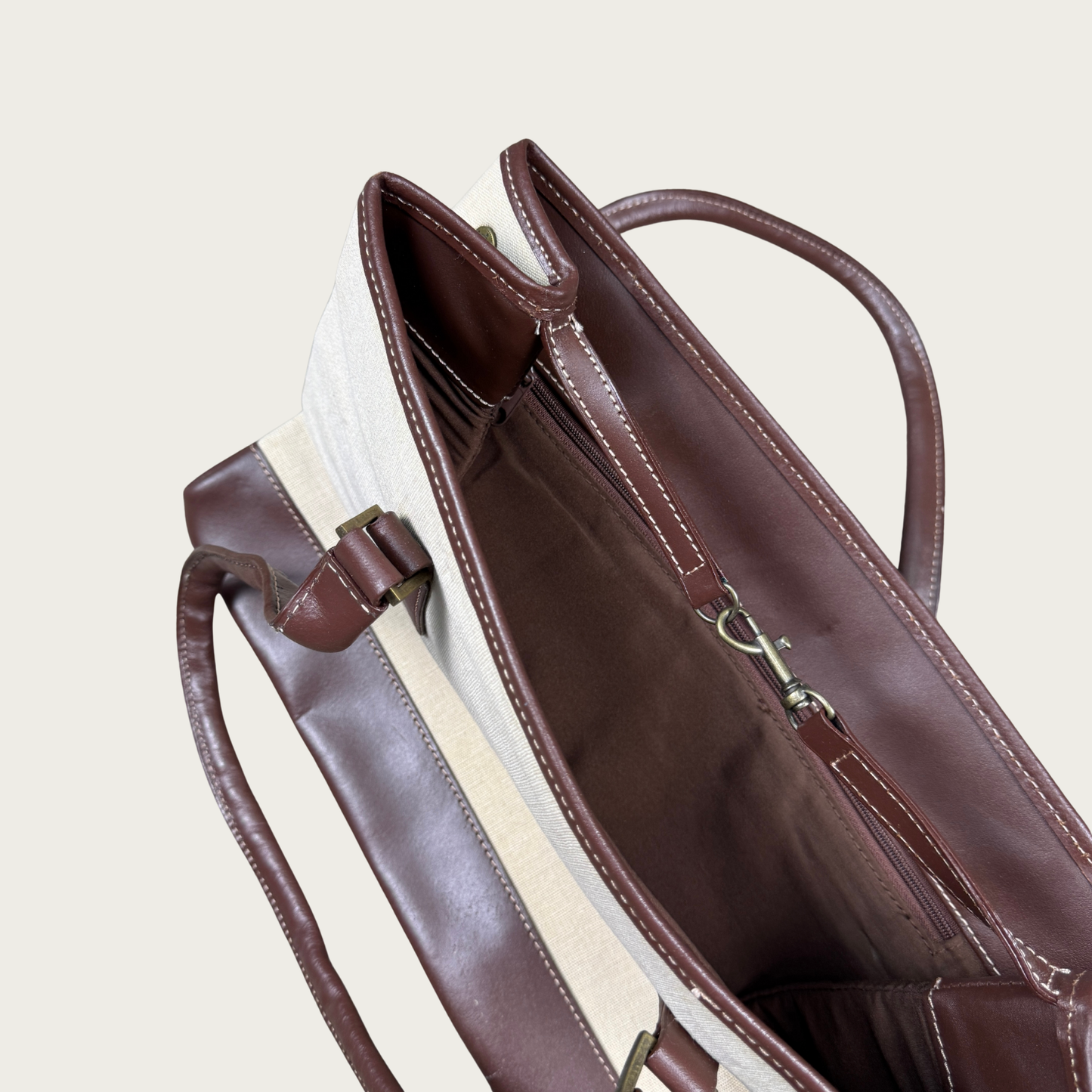 Genuine Leather Trim Cream/Brown Shoulder Bag