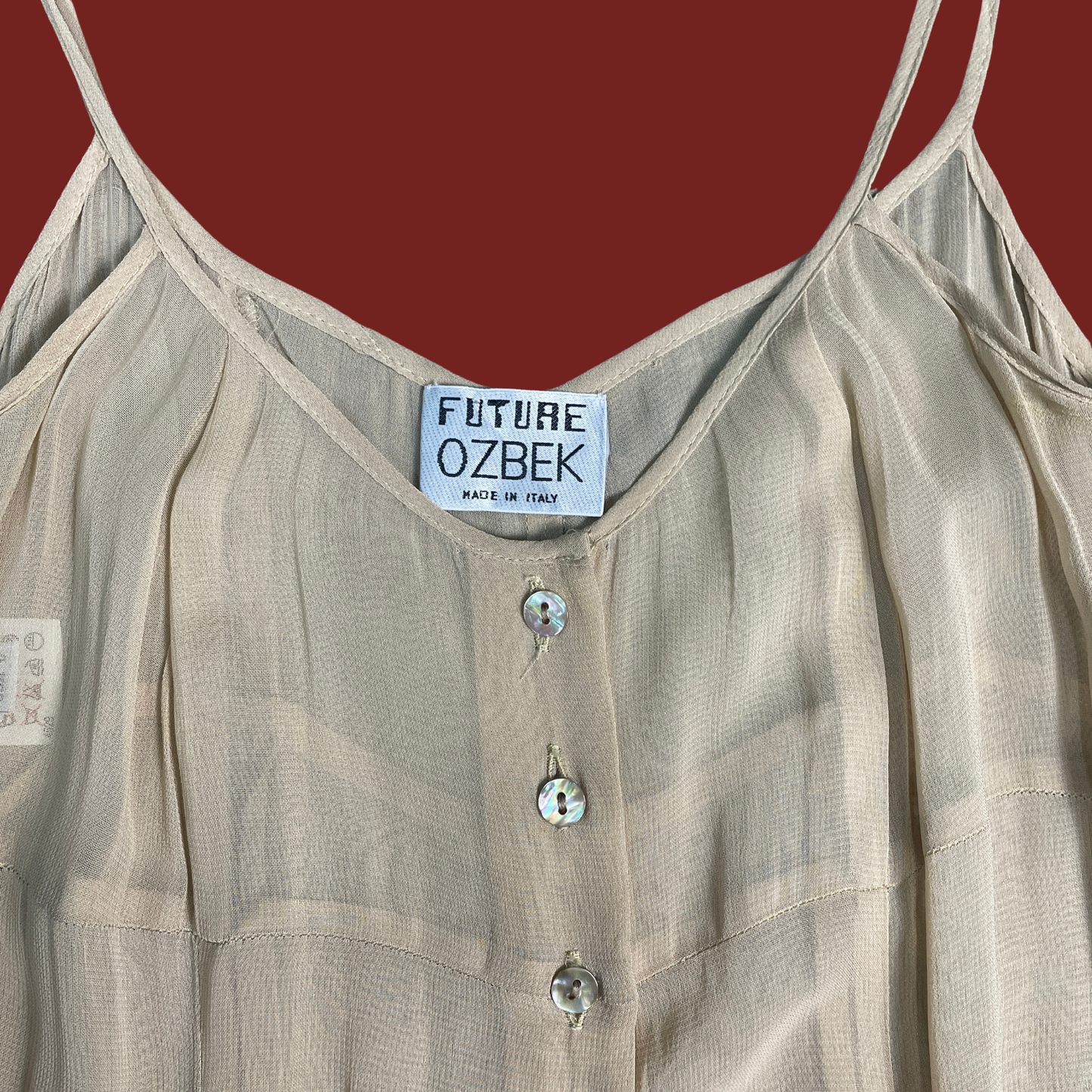 (S) 90s Sheer Tan Future Ozbek Button Front Maxi Dress