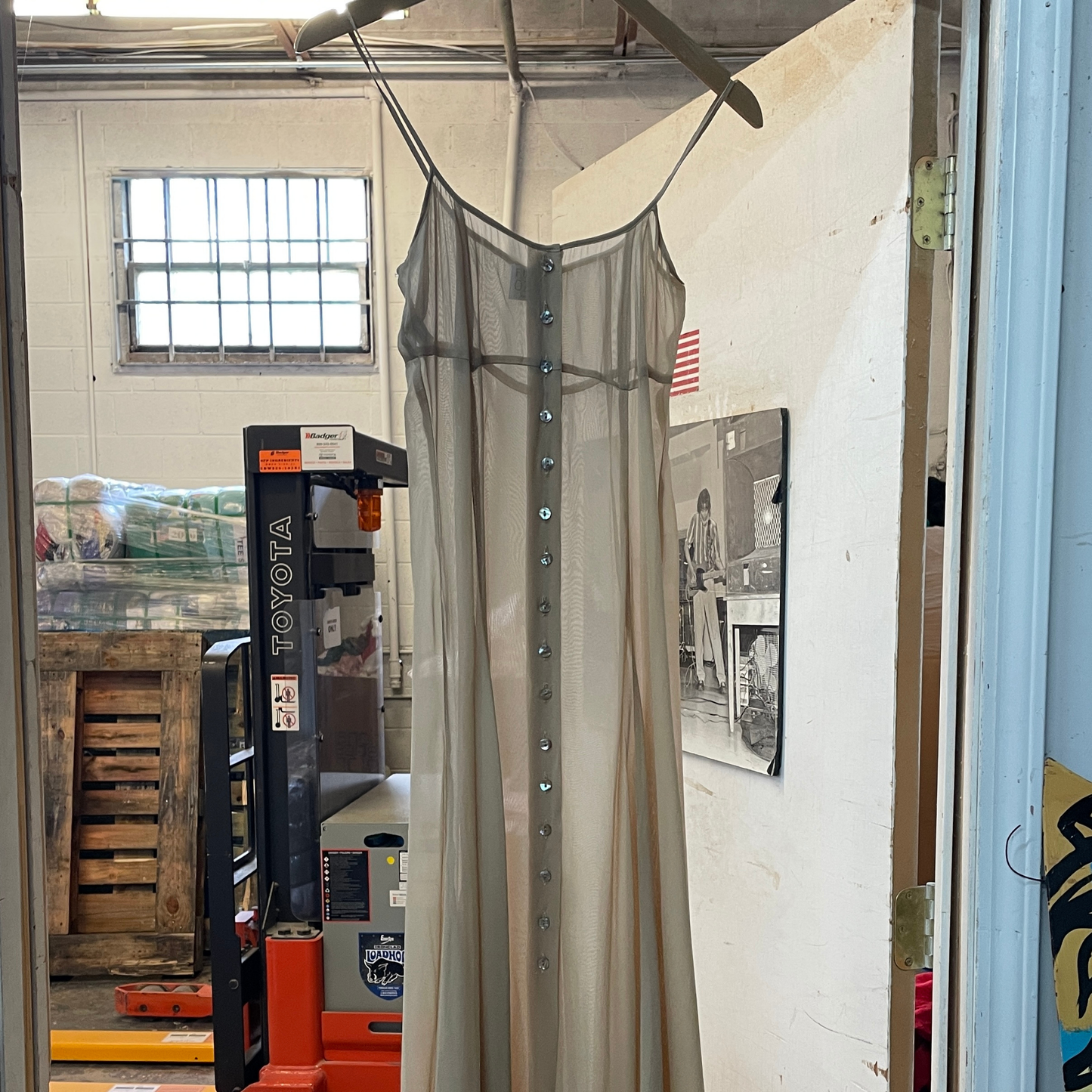 (S) 90s Sheer Tan Future Ozbek Button Front Maxi Dress