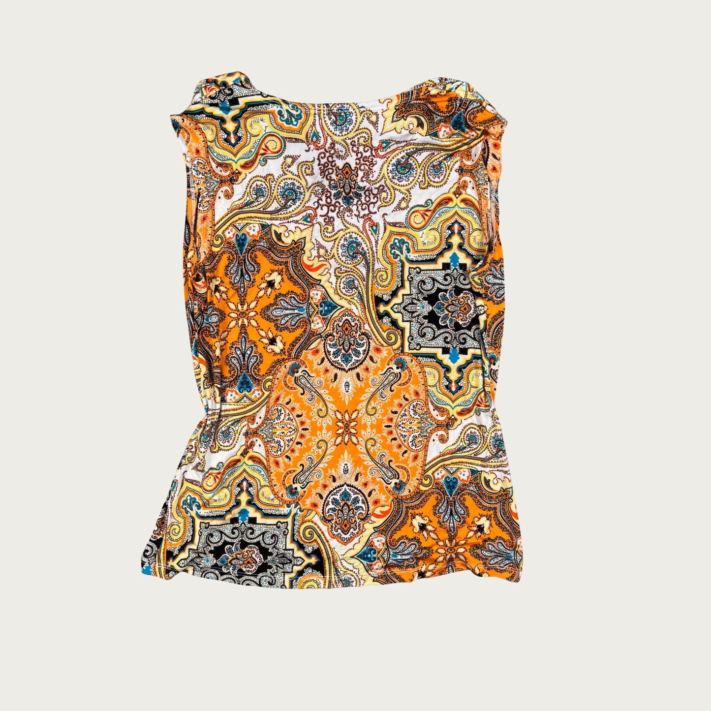 (L) Orange Paisley Print Y2K Cowl Neck Top