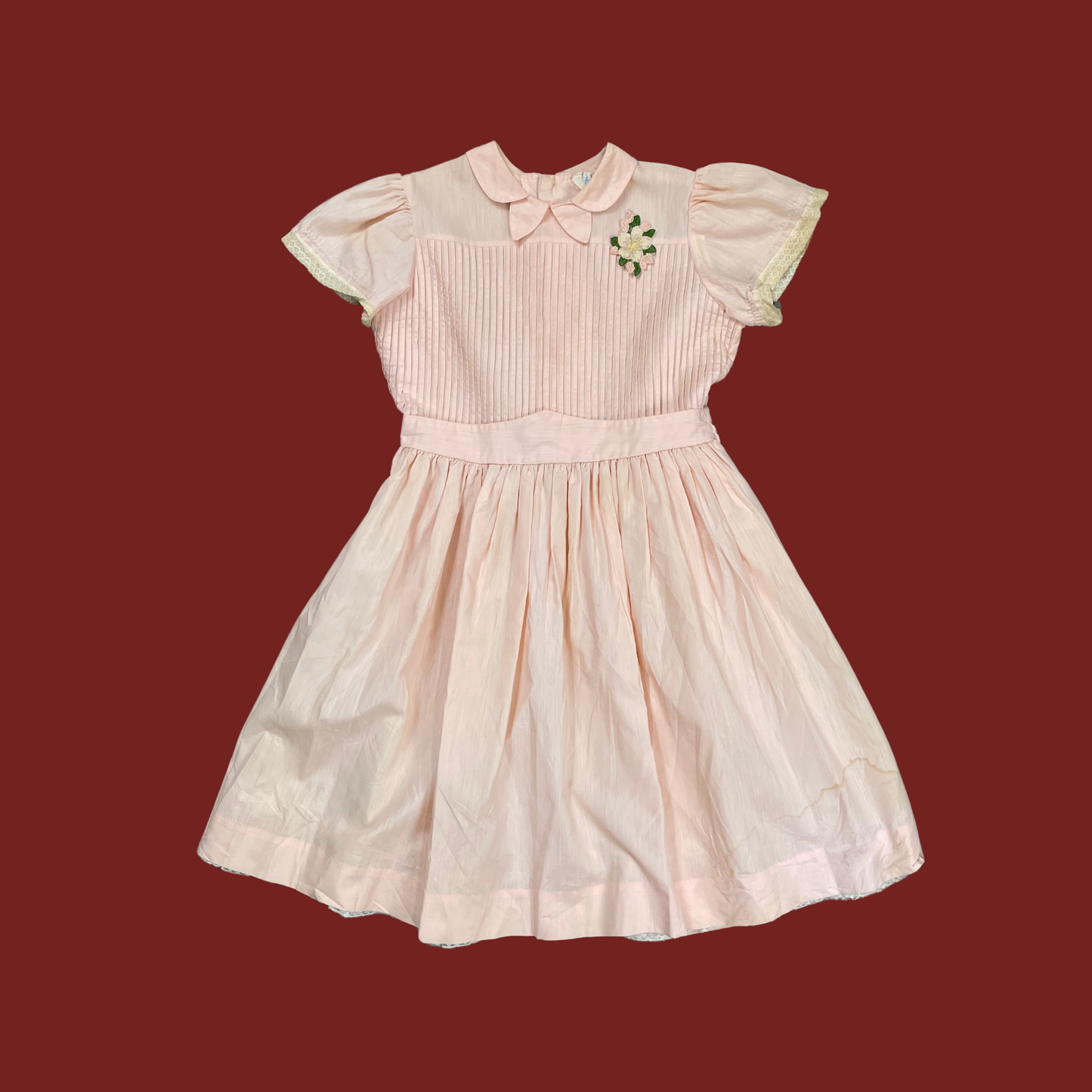 (S) Baby Pink Lace Trim Collared Mini Dress