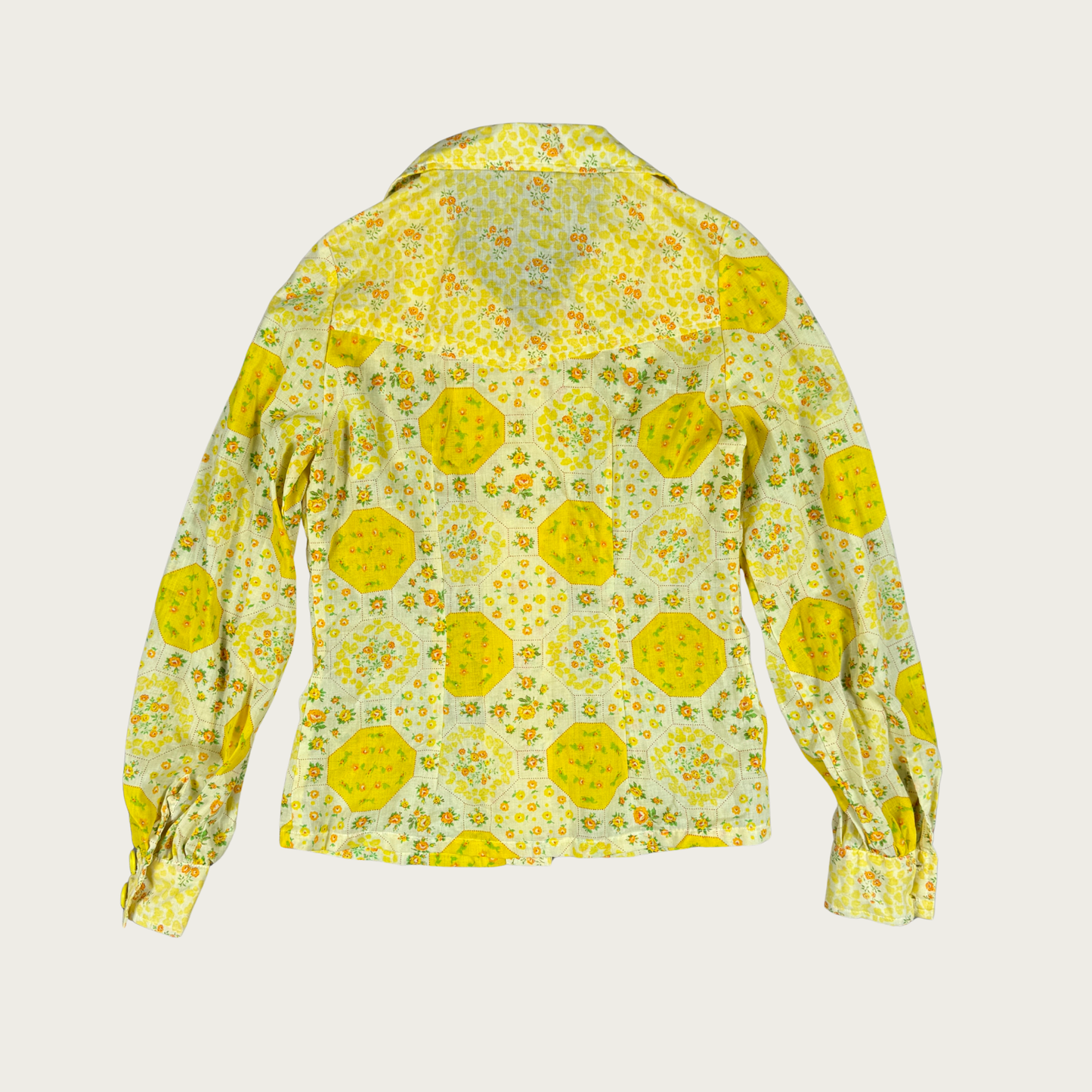 (S/M) 60s/70s Yellow Quilt Pattern Blouse