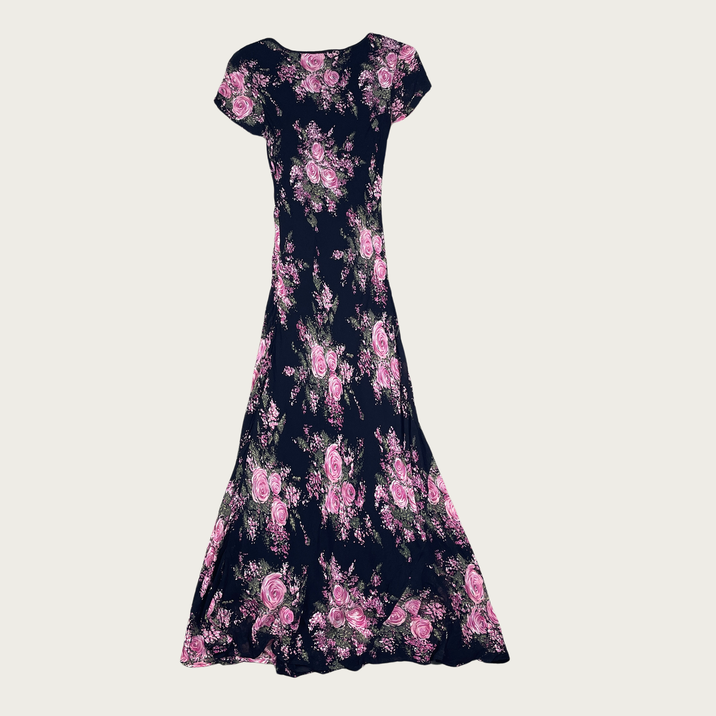 (S) 90s/Y2K Bias Cut Black and Pink Floral Short Sleeve Maxi Dress