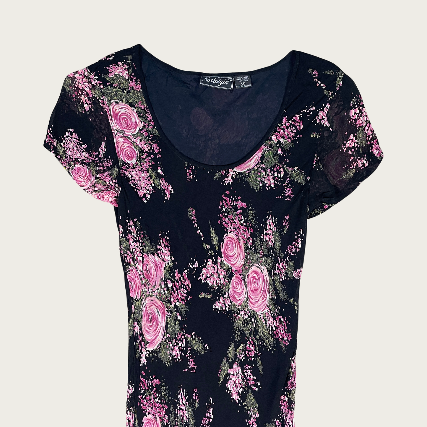 (S) 90s/Y2K Bias Cut Black and Pink Floral Short Sleeve Maxi Dress