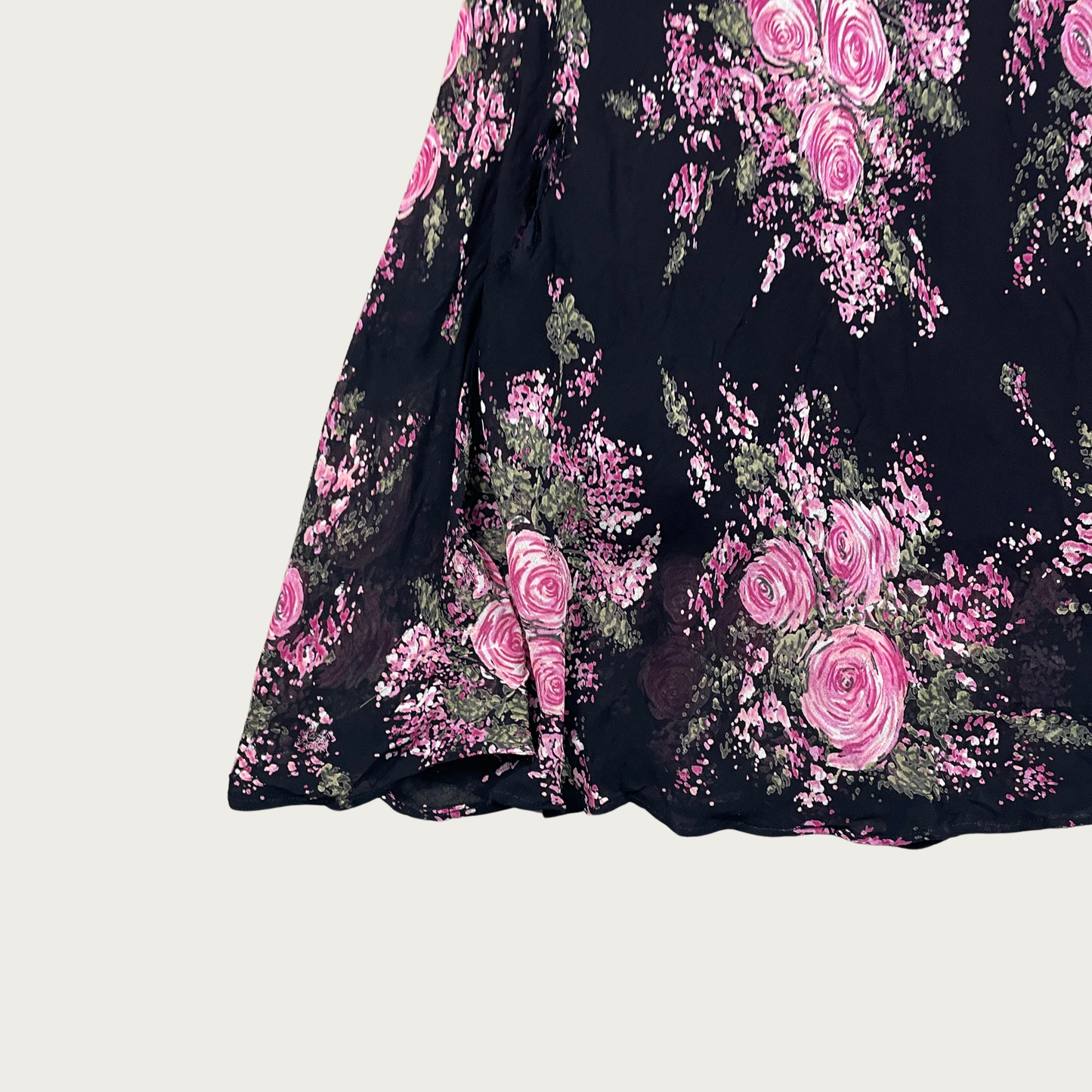 (S) 90s/Y2K Bias Cut Black and Pink Floral Short Sleeve Maxi Dress