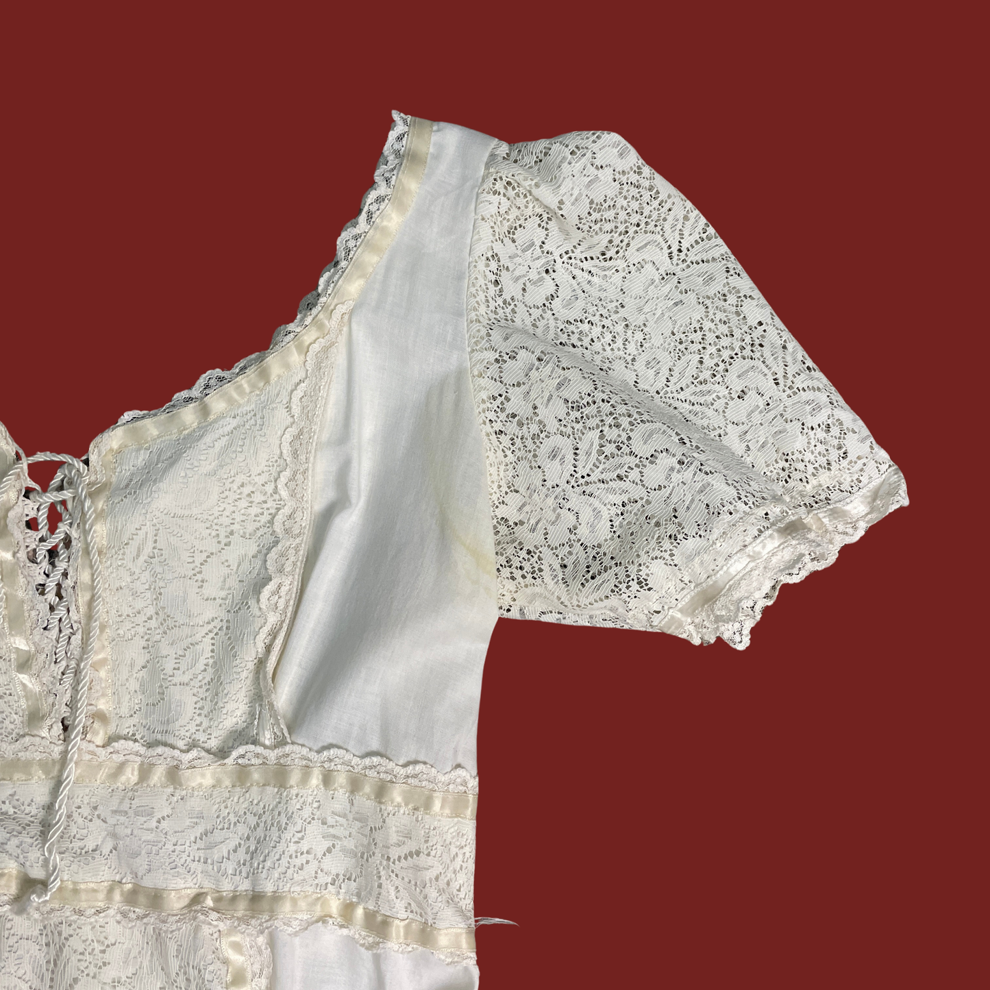 (S/M) 70s White Lace Trim Prairie Maxi Dress