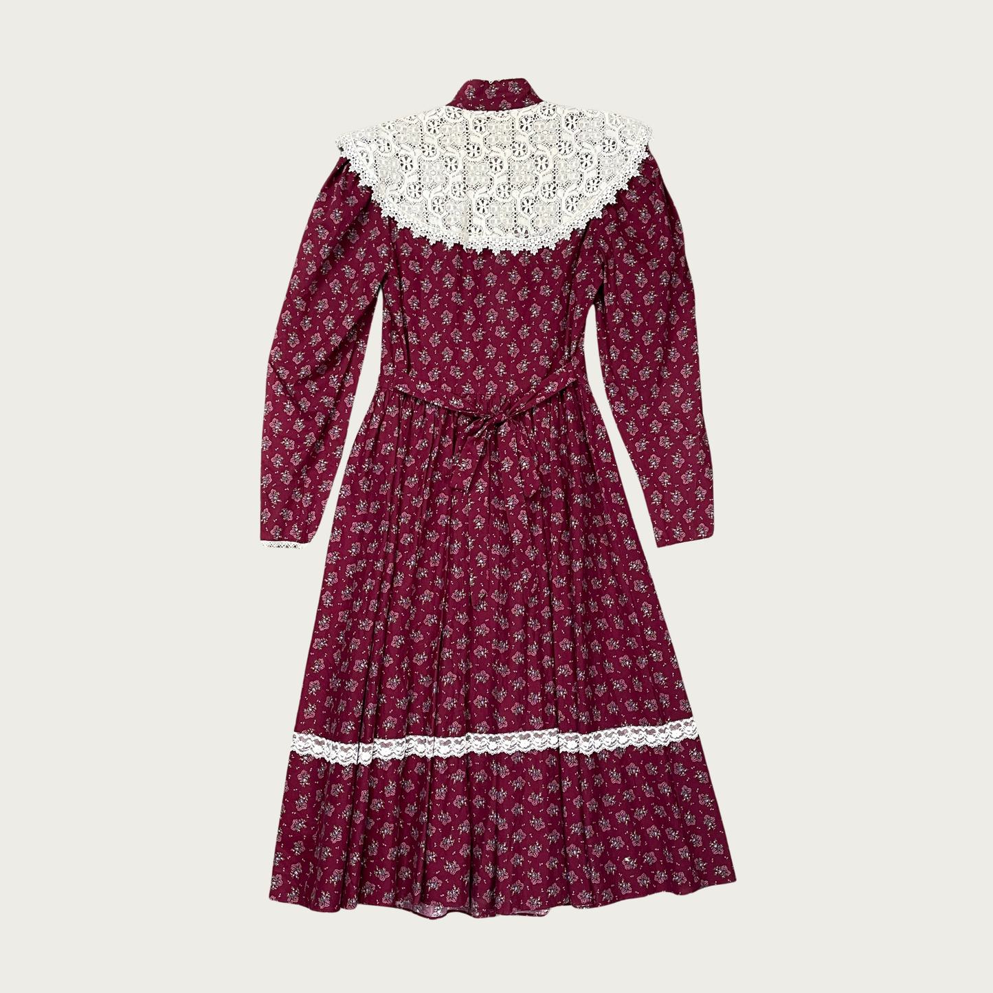 (S) Maroon Floral Lace Collar Prairie Midi Dress