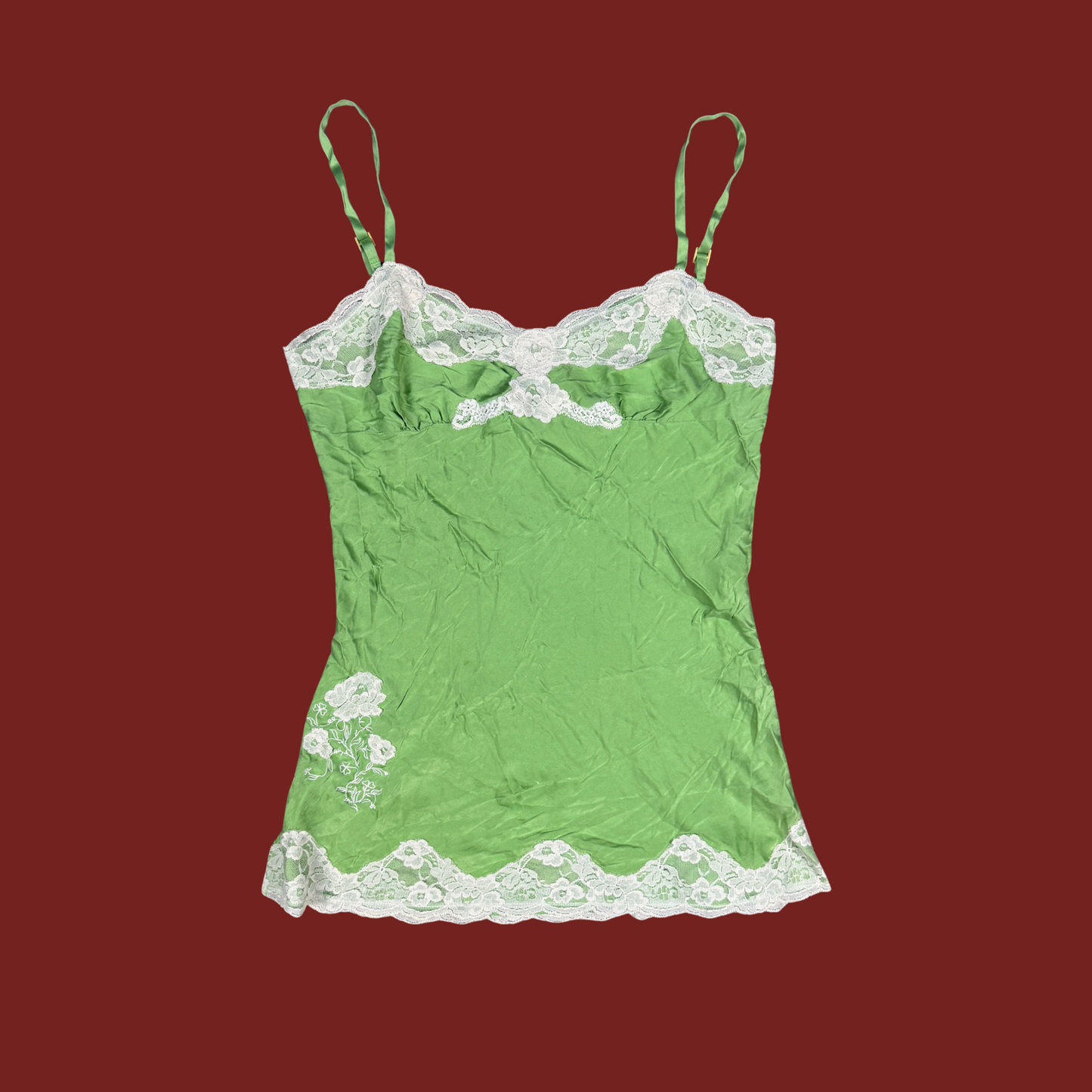 (S) 90s/Y2K Express Green Silk Lace Trim Cami