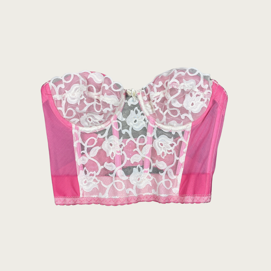 (36A) 70s Victoria's Secret Gold Label Pink and Cream Lace Corset Bra Top
