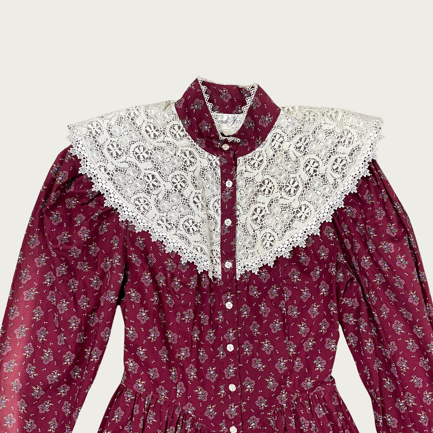 (S) Maroon Floral Lace Collar Prairie Midi Dress