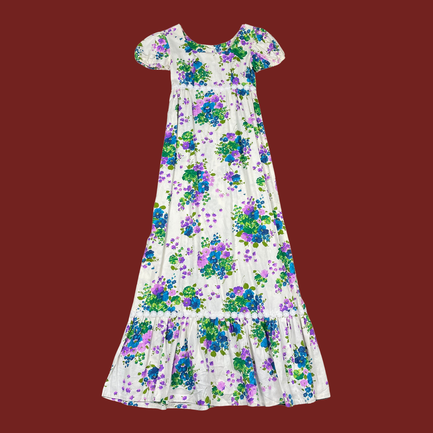 (S) 70s Blue and Purple Floral Vintage Empire Waist Maxi Dress