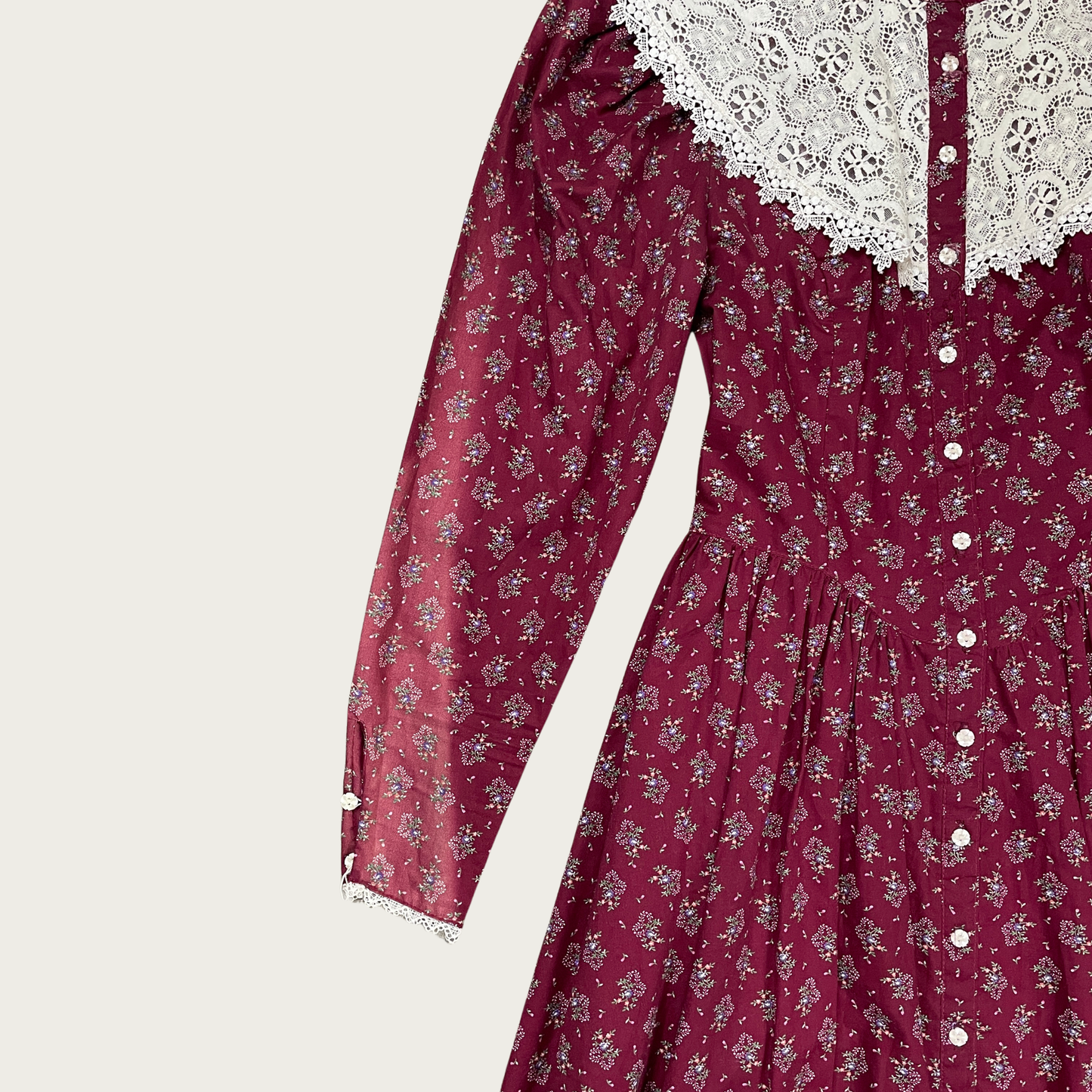 (S) Maroon Floral Lace Collar Prairie Midi Dress