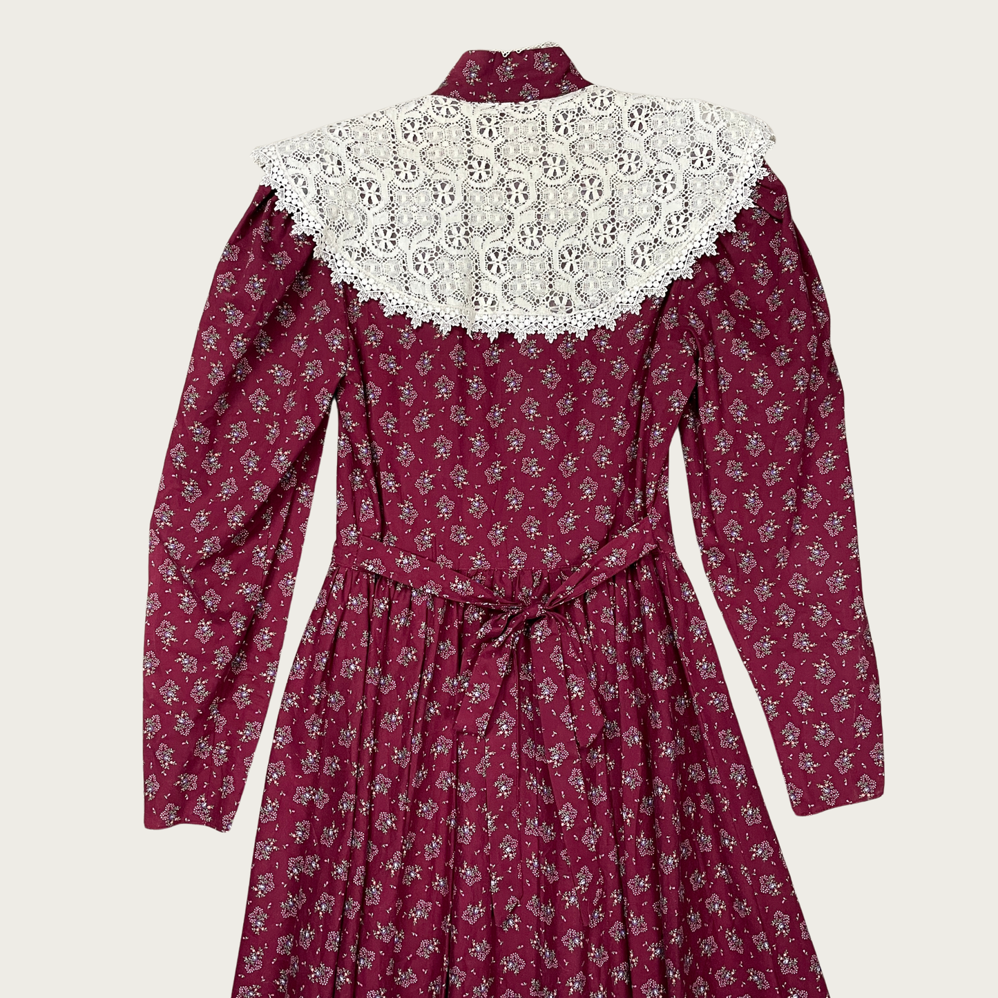 (S) Maroon Floral Lace Collar Prairie Midi Dress