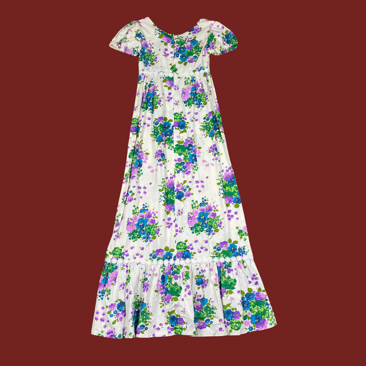 (S) 70s Blue and Purple Floral Vintage Empire Waist Maxi Dress