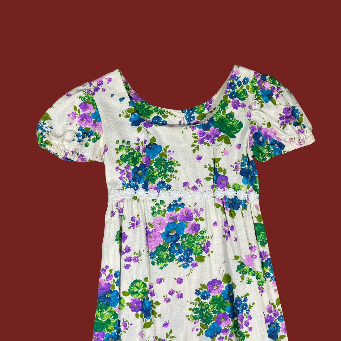 (S) 70s Blue and Purple Floral Vintage Empire Waist Maxi Dress