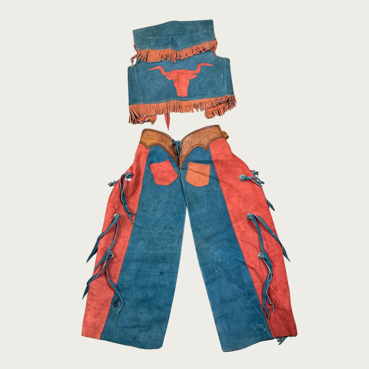 (XS/S) Genuine Suede Teal and Orange Western Vest and Chaps Set