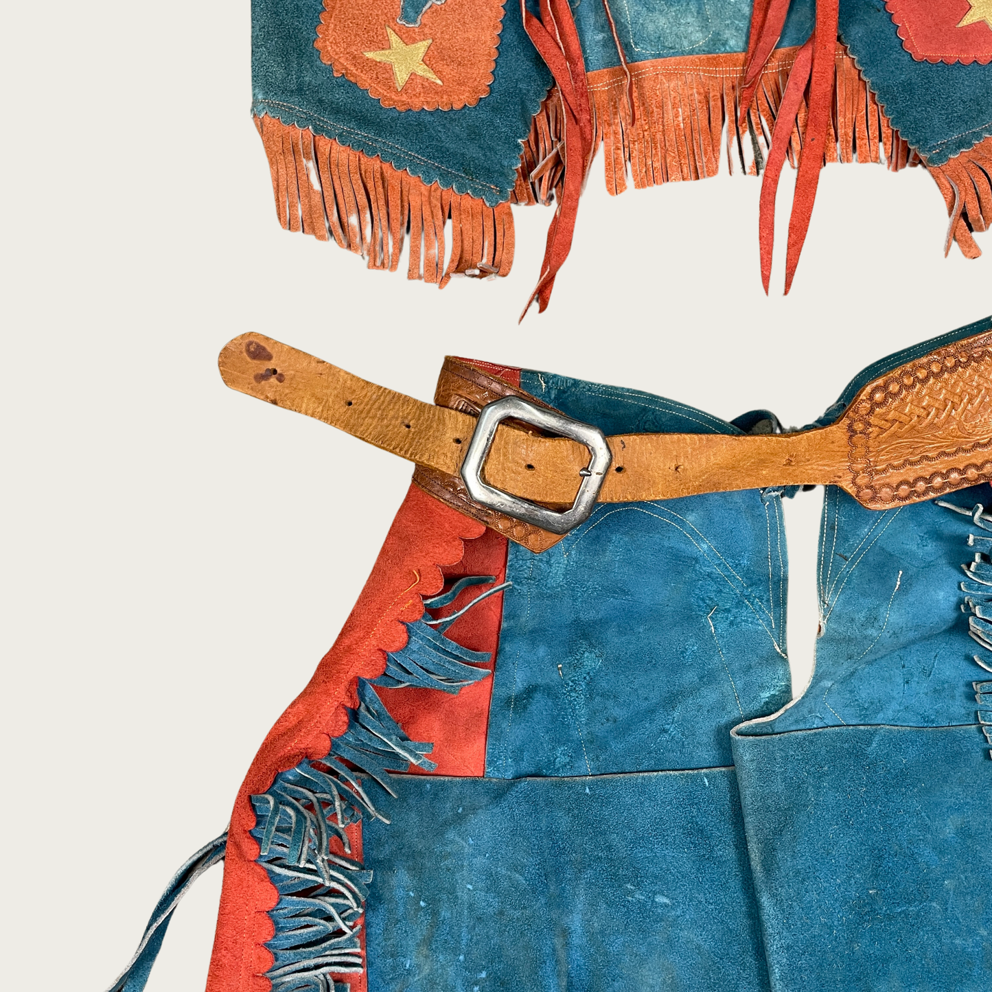 (XS/S) Genuine Suede Teal and Orange Western Vest and Chaps Set