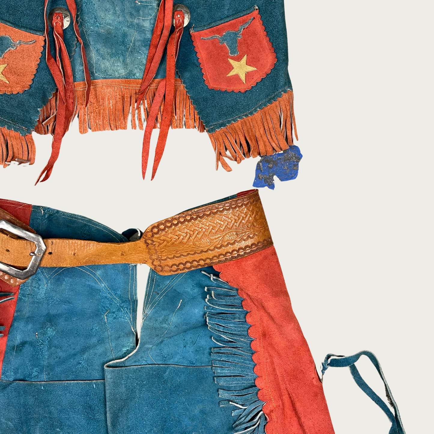 (XS/S) Genuine Suede Teal and Orange Western Vest and Chaps Set