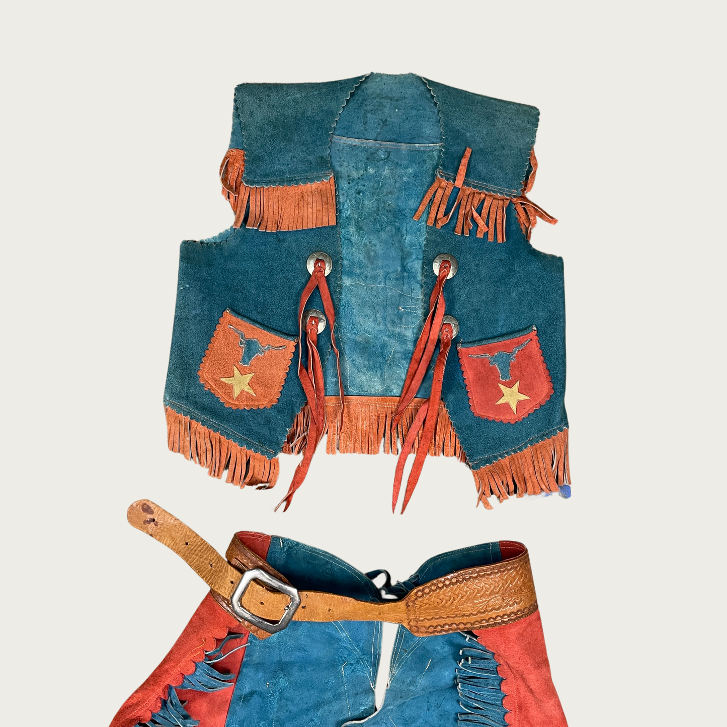 (XS/S) Genuine Suede Teal and Orange Western Vest and Chaps Set
