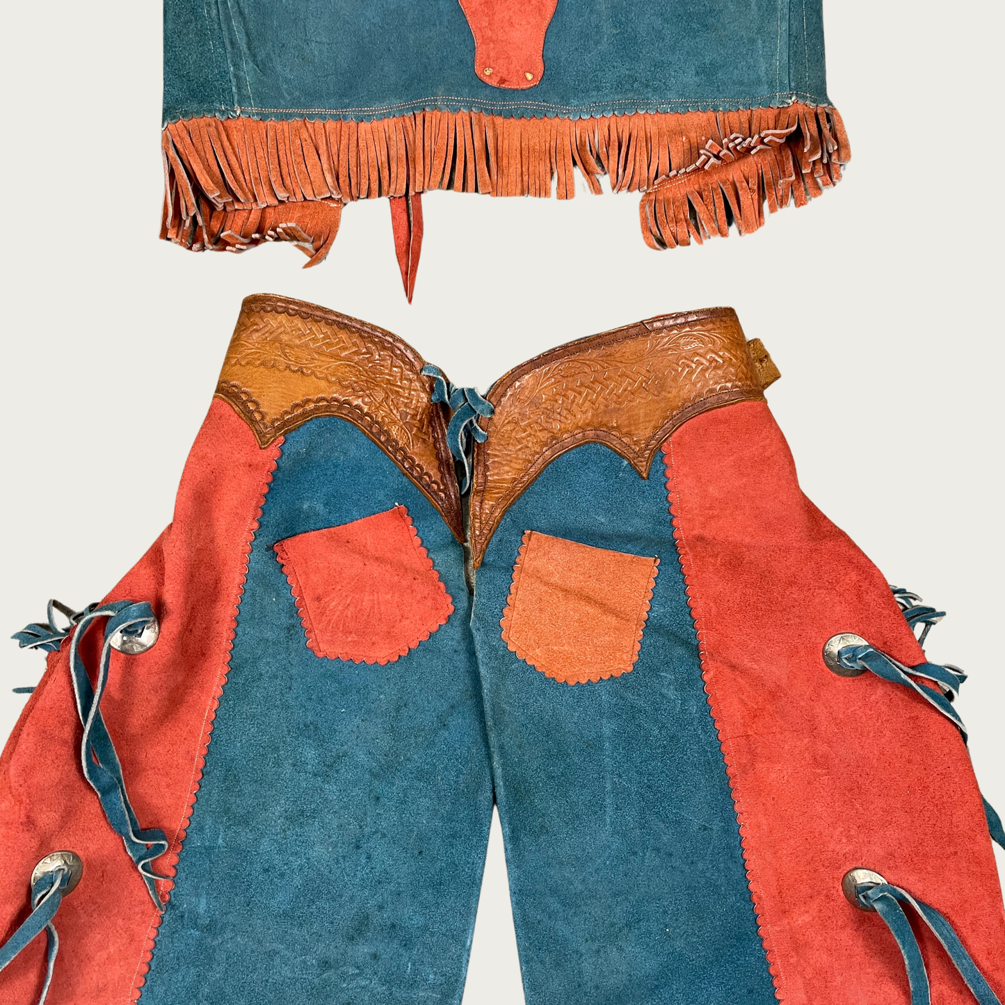 (XS/S) Genuine Suede Teal and Orange Western Vest and Chaps Set