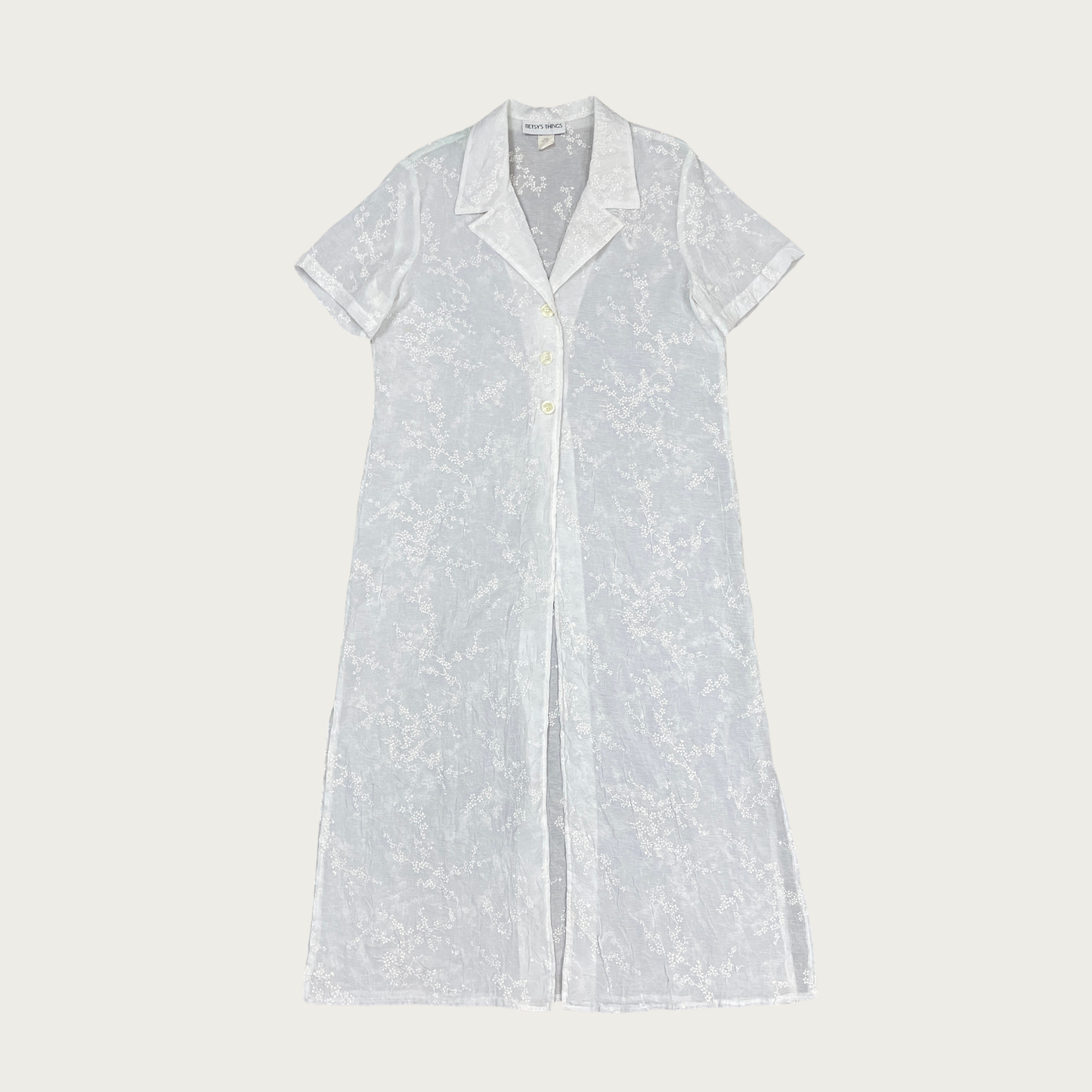 (L/XL) Sheer White Floral Embroidered Duster
